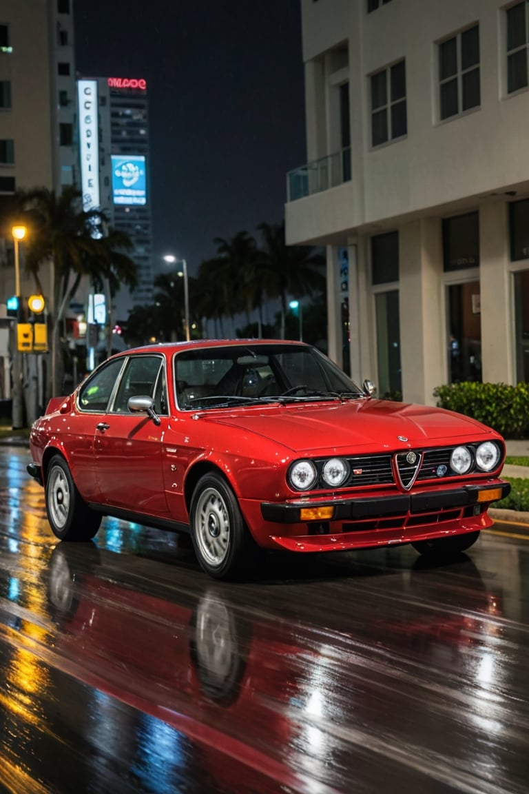 aesthetic photo of Alfa Romeo GTV6, in motion, perfect lighting, miami, high detailed, epic, motion blur, 8K UHD, raining, at night, neons, light reflecting on car