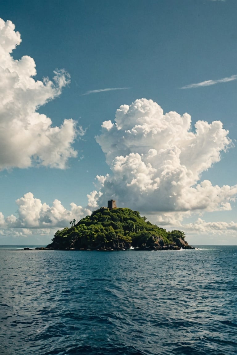 movie still, ocean, island, (clouds:0.4), epic, film grain