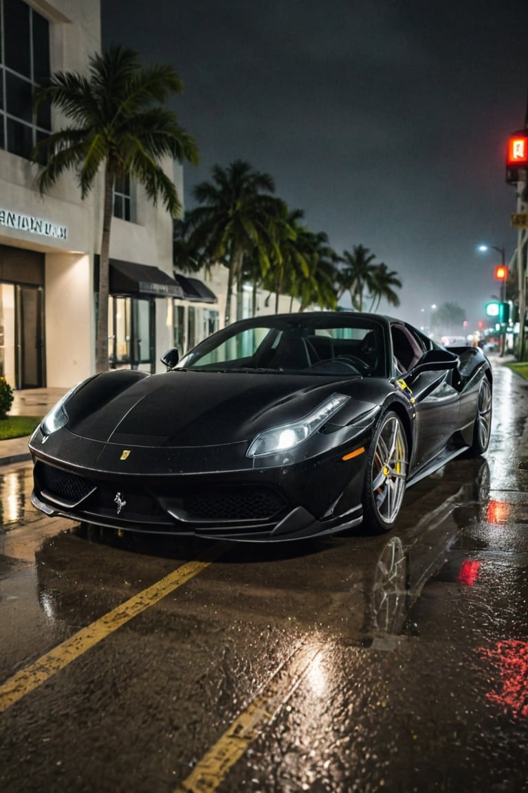 night photo, cinematic photo of black Ferrari, Miami, rainy weather, perfect lighting, vibrant, high detailed, epic_games