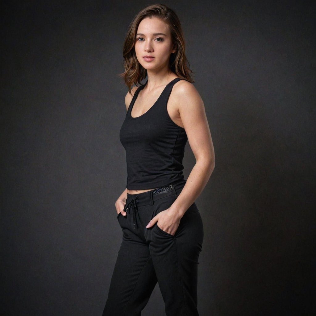 The picture captures an elegant young woman dressed in a tank top and black pants, standing in a dimly-lit studio setting. She strikes a pose with her hands resting on her stomach, exuding confidence and style. The photograph primarily accentuates her fashionable ensemble and striking presence, rendering the image both appealing and captivating. Highly details, soft skin, soft lighting