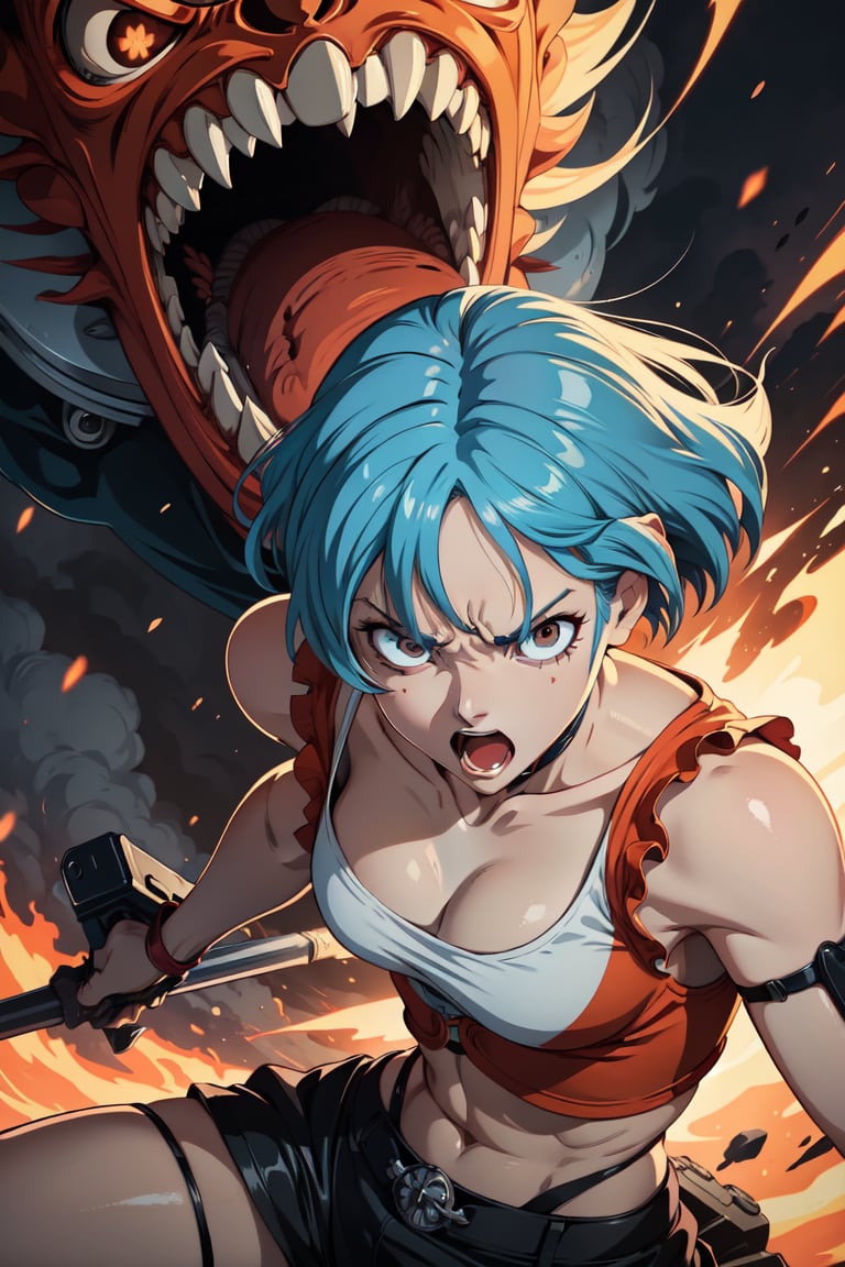 Design a gripping poster featuring Rei Ayanami from "One Piece" in a fit of rage. Capture the essence of his burning determination and unyielding spirit as he unleashes his wrath upon his enemies. Keep it short, bold, and intense to convey the raw power of Luffy's anger.