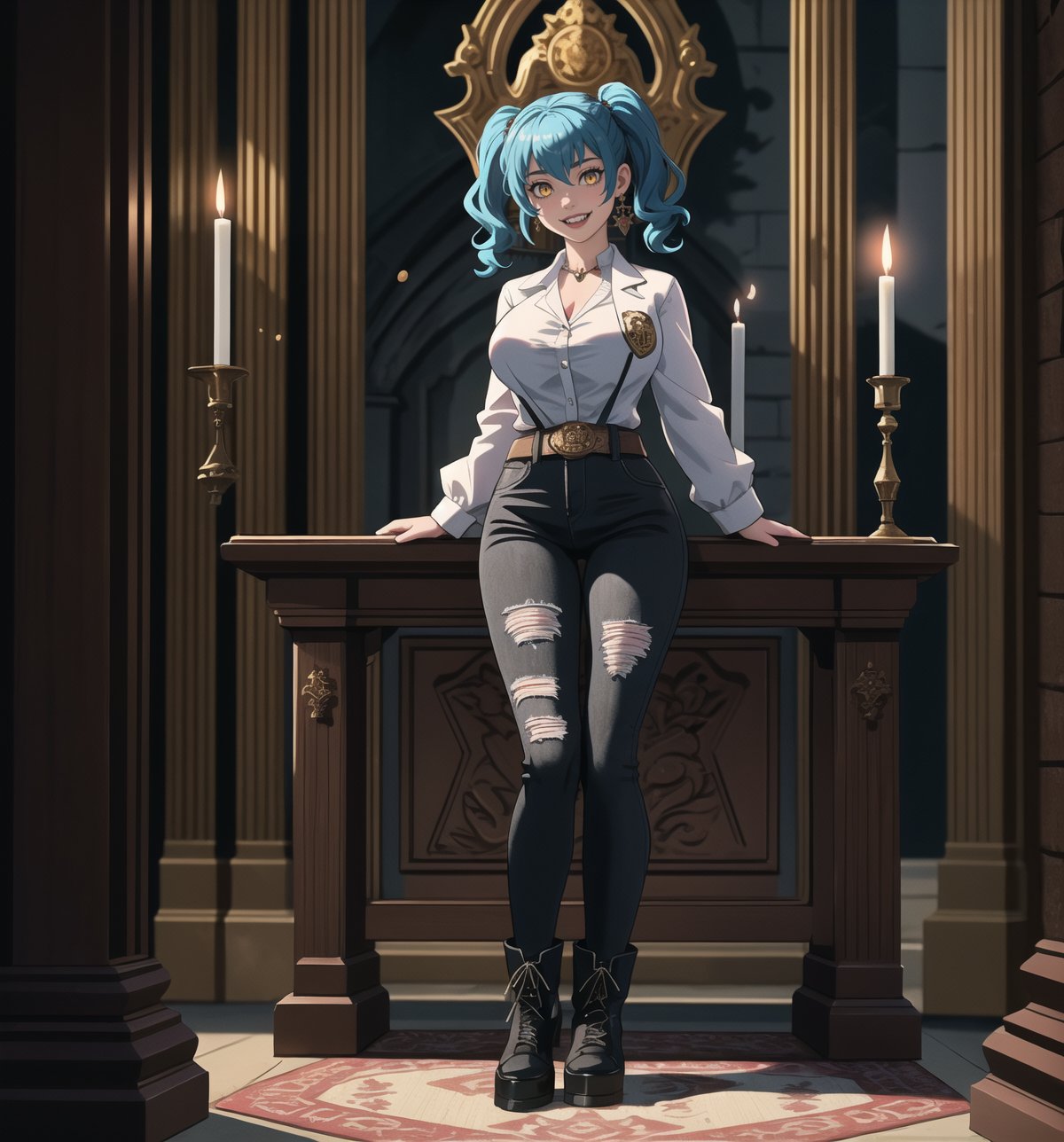 A Gothic-style masterpiece and Castlevania Symphony of the Night rendered in ultra-detailed 4K. | Aya, a young 23-year-old woman, is dressed in a Frankenstein-inspired outfit consisting of a ripped white shirt, ripped black pants, black leather boots, and a stained lab coat. Her short ((blue hair)) is disheveled with two pigtails held together by silver clips. Her ((golden eyes)) shine as ((she looks at the viewer, smiling and showing her white teeth)). It is located in an old castle, with rock and metal structures. An altar stands in the center of the site, surrounded by figurines and candelabra. Metallic structures and altars with macabre emblems complete the dark and gothic environment. | The image highlights Aya's imposing figure and the castle's architectural elements. The rock and metal structures, the altar, the statuettes, the chandeliers and the macabre emblems create a gothic and dark atmosphere. The lit candles illuminate the scene, creating dramatic shadows and highlighting the details of the scene. | Soft, shadowy lighting effects create a tense, uncomfortable atmosphere, while rough, detailed textures on structures and objects add realism to the image. | A gothic and mysterious scene of a mad scientist in an ancient castle, fusing elements of Frankenstein and Castlevania Symphony of the Night. | (((The image reveals a full-body shot as Aya assumes a sensual pose, engagingly leaning against a structure within the scene in an exciting manner. She takes on a sensual pose as she interacts, boldly leaning on a structure, leaning back and boldly throwing herself onto the structure, reclining back in an exhilarating way.))). | ((((full-body shot)))), ((perfect pose)), ((perfect arms):1.2), ((perfect limbs, perfect fingers, better hands, perfect hands, hands)), ((perfect legs, perfect feet):1.2), ((huge breasts)), ((perfect design)), ((perfect composition)), ((very detailed scene, very detailed background, perfect layout, correct imperfections)), Enhance, Ultra details++, More Detail, poakl