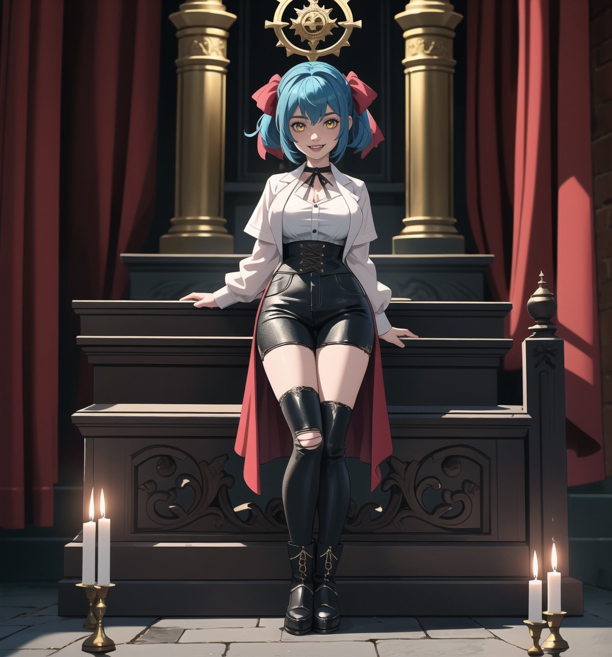 A Gothic-style masterpiece and Castlevania Symphony of the Night rendered in ultra-detailed 4K. | Aya, a young 23-year-old woman, is dressed in a Frankenstein-inspired outfit consisting of a ripped white shirt, ripped black pants, black leather boots, and a stained lab coat. Her short ((blue hair)) is disheveled with two pigtails held together by silver clips. Her ((golden eyes)) shine as ((she looks at the viewer, smiling and showing her white teeth)). It is located in an old castle, with rock and metal structures. An altar stands in the center of the site, surrounded by figurines and candelabra. Metallic structures and altars with macabre emblems complete the dark and gothic environment. | The image highlights Aya's imposing figure and the castle's architectural elements. The rock and metal structures, the altar, the statuettes, the chandeliers and the macabre emblems create a gothic and dark atmosphere. The lit candles illuminate the scene, creating dramatic shadows and highlighting the details of the scene. | Soft, shadowy lighting effects create a tense, uncomfortable atmosphere, while rough, detailed textures on structures and objects add realism to the image. | A gothic and mysterious scene of a mad scientist in an ancient castle, fusing elements of Frankenstein and Castlevania Symphony of the Night. | (((The image reveals a full-body shot as Aya assumes a sensual pose, engagingly leaning against a structure within the scene in an exciting manner. She takes on a sensual pose as she interacts, boldly leaning on a structure, leaning back and boldly throwing herself onto the structure, reclining back in an exhilarating way.))). | ((((full-body shot)))), ((perfect pose)), ((perfect arms):1.2), ((perfect limbs, perfect fingers, better hands, perfect hands, hands)), ((perfect legs, perfect feet):1.2), ((huge breasts)), ((perfect design)), ((perfect composition)), ((very detailed scene, very detailed background, perfect layout, correct imperfections)), Enhance, Ultra details++, More Detail, poakl