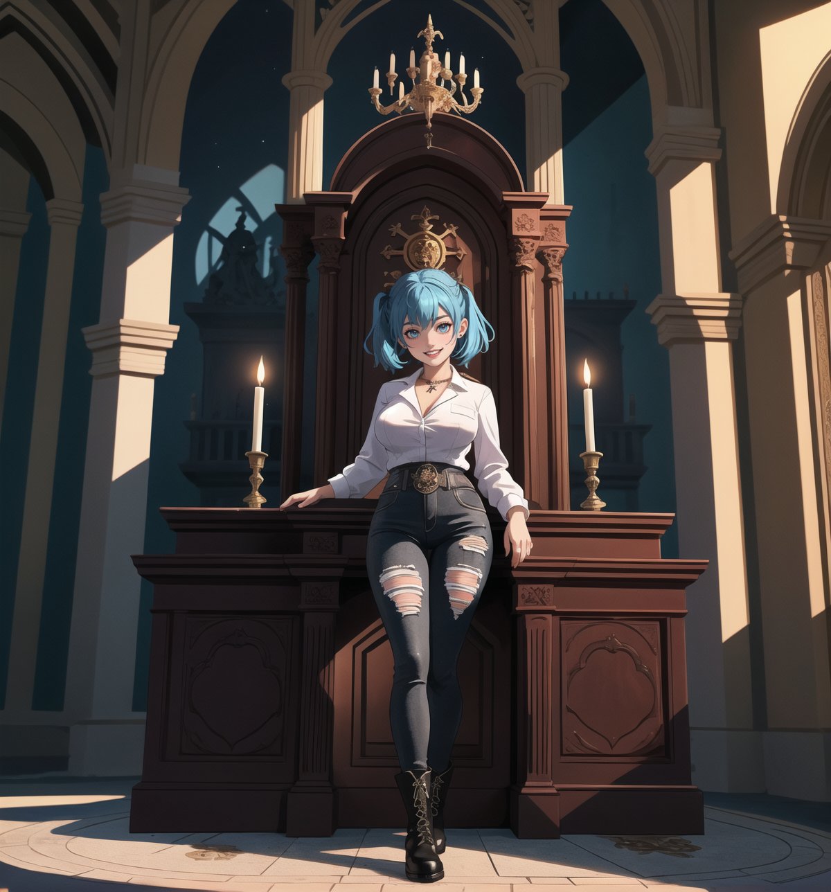 A Gothic-style masterpiece and Castlevania Symphony of the Night rendered in ultra-detailed 4K. | Aya, a young 23-year-old woman, is dressed in a Frankenstein-inspired outfit consisting of a ripped white shirt, ripped black pants, black leather boots, and a stained lab coat. Her short ((blue hair)) is disheveled with two pigtails held together by silver clips. Her golden eyes shine as ((she looks at the viewer, smiling and showing her white teeth)). It is located in an old castle, with rock and metal structures. An altar stands in the center of the site, surrounded by figurines and candelabra. Metallic structures and altars with macabre emblems complete the dark and gothic environment. | The image highlights Aya's imposing figure and the castle's architectural elements. The rock and metal structures, the altar, the statuettes, the chandeliers and the macabre emblems create a gothic and dark atmosphere. The lit candles illuminate the scene, creating dramatic shadows and highlighting the details of the scene. | Soft, shadowy lighting effects create a tense, uncomfortable atmosphere, while rough, detailed textures on structures and objects add realism to the image. | A gothic and mysterious scene of a mad scientist in an ancient castle, fusing elements of Frankenstein and Castlevania Symphony of the Night. | (((The image reveals a full-body shot as Aya assumes a sensual pose, engagingly leaning against a structure within the scene in an exciting manner. She takes on a sensual pose as she interacts, boldly leaning on a structure, leaning back and boldly throwing herself onto the structure, reclining back in an exhilarating way.))). | ((((full-body shot)))), ((perfect pose)), ((perfect arms):1.2), ((perfect limbs, perfect fingers, better hands, perfect hands, hands)), ((perfect legs, perfect feet):1.2), ((huge breasts)), ((perfect design)), ((perfect composition)), ((very detailed scene, very detailed background, perfect layout, correct imperfections)), Enhance, Ultra details++, More Detail, poakl