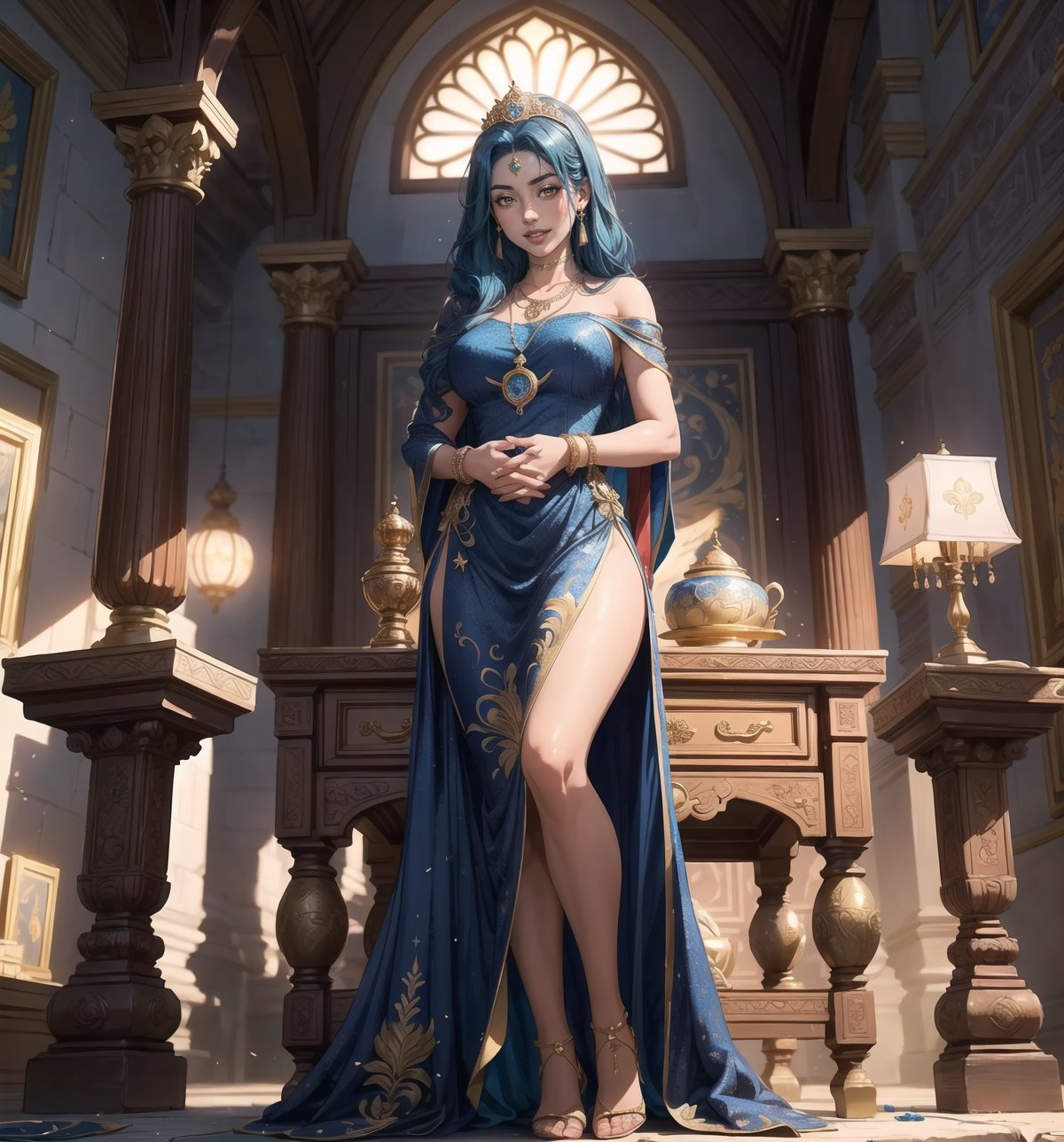 Image in 4K ultra-sharp with a Persian, Arabic, and Oriental style, combining religious elements and opulence. | A 29-year-old woman with long and straight blue hair, dressed in a Persian princess outfit, is standing inside a Persian temple. The outfit consists of a long and flowing dress in shades of blue and gold, with embroidery and precious stone details. She is also wearing a gold tiara with precious stones, a necklace with a star-shaped pendant, and gold bracelets. Her red eyes shine with happiness, and her mouth opens in a radiant smile, showing her white and well-aligned teeth, while her cheeks are flushed. | The composition of the image is in a wide-angle shot, emphasizing the woman's figure and the architectural elements of the temple. The stone walls, columns, statues, wooden gates, tables, metal candelabras, lamps, and stone altar, all over half a meter high, create a majestic and sacred environment. The natural lighting that enters through the high windows highlights the details of the scene. | Soft and warm lighting effects create a welcoming and mystical atmosphere, while detailed textures on the structures and the outfit add realism to the image. The intense shine of the woman's blue hair and the shine of the precious stones on the outfit and the tiara are highlighted by the rays of light that enter the scene. | A happy and enchanting scene of a woman dressed as a Persian princess inside a majestic temple, combining religious elements and opulence. | (((((The image reveals a full-body_shot as she assumes a joyful_pose, engagingly interacting with the structures within the scene in an exciting manner. She takes on a relaxed_pose as she interacts, boldly leaning on a structure, leaning back in an exciting way))))) | ((perfect_anatomy, perfect_body, perfect_pose)), ((full-body_shot)), ((perfect fingers, better hands, perfect hands):1.5), ((perfect legs, perfect feet):1.5), ((perfect design)), ((correct errors):1.5), ((perfect composition)), ((very detailed scene, very detailed background, correct imperfections, perfect layout):1.2), ((More Detail, Enhance))