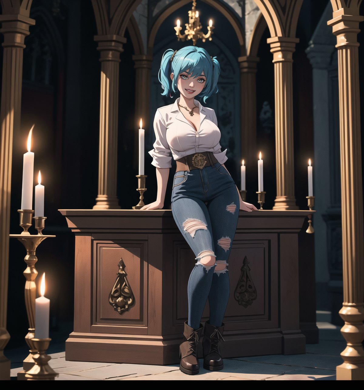 A Gothic-style masterpiece and Castlevania Symphony of the Night rendered in ultra-detailed 4K. | Aya, a young 23-year-old woman, is dressed in a Frankenstein-inspired outfit consisting of a ripped white shirt, ripped black pants, black leather boots, and a stained lab coat. Her short ((blue hair)) is disheveled with two pigtails held together by silver clips. Her golden eyes shine as ((she looks at the viewer, smiling and showing her white teeth)). It is located in an old castle, with rock and metal structures. An altar stands in the center of the site, surrounded by figurines and candelabra. Metallic structures and altars with macabre emblems complete the dark and gothic environment. | The image highlights Aya's imposing figure and the castle's architectural elements. The rock and metal structures, the altar, the statuettes, the chandeliers and the macabre emblems create a gothic and dark atmosphere. The lit candles illuminate the scene, creating dramatic shadows and highlighting the details of the scene. | Soft, shadowy lighting effects create a tense, uncomfortable atmosphere, while rough, detailed textures on structures and objects add realism to the image. | A gothic and mysterious scene of a mad scientist in an ancient castle, fusing elements of Frankenstein and Castlevania Symphony of the Night. | (((The image reveals a full-body shot as Aya assumes a sensual pose, engagingly leaning against a structure within the scene in an exciting manner. She takes on a sensual pose as she interacts, boldly leaning on a structure, leaning back and boldly throwing herself onto the structure, reclining back in an exhilarating way.))). | ((((full-body shot)))), ((perfect pose)), ((perfect arms):1.2), ((perfect limbs, perfect fingers, better hands, perfect hands, hands)), ((perfect legs, perfect feet):1.2), ((huge breasts)), ((perfect design)), ((perfect composition)), ((very detailed scene, very detailed background, perfect layout, correct imperfections)), Enhance, Ultra details++, More Detail, poakl