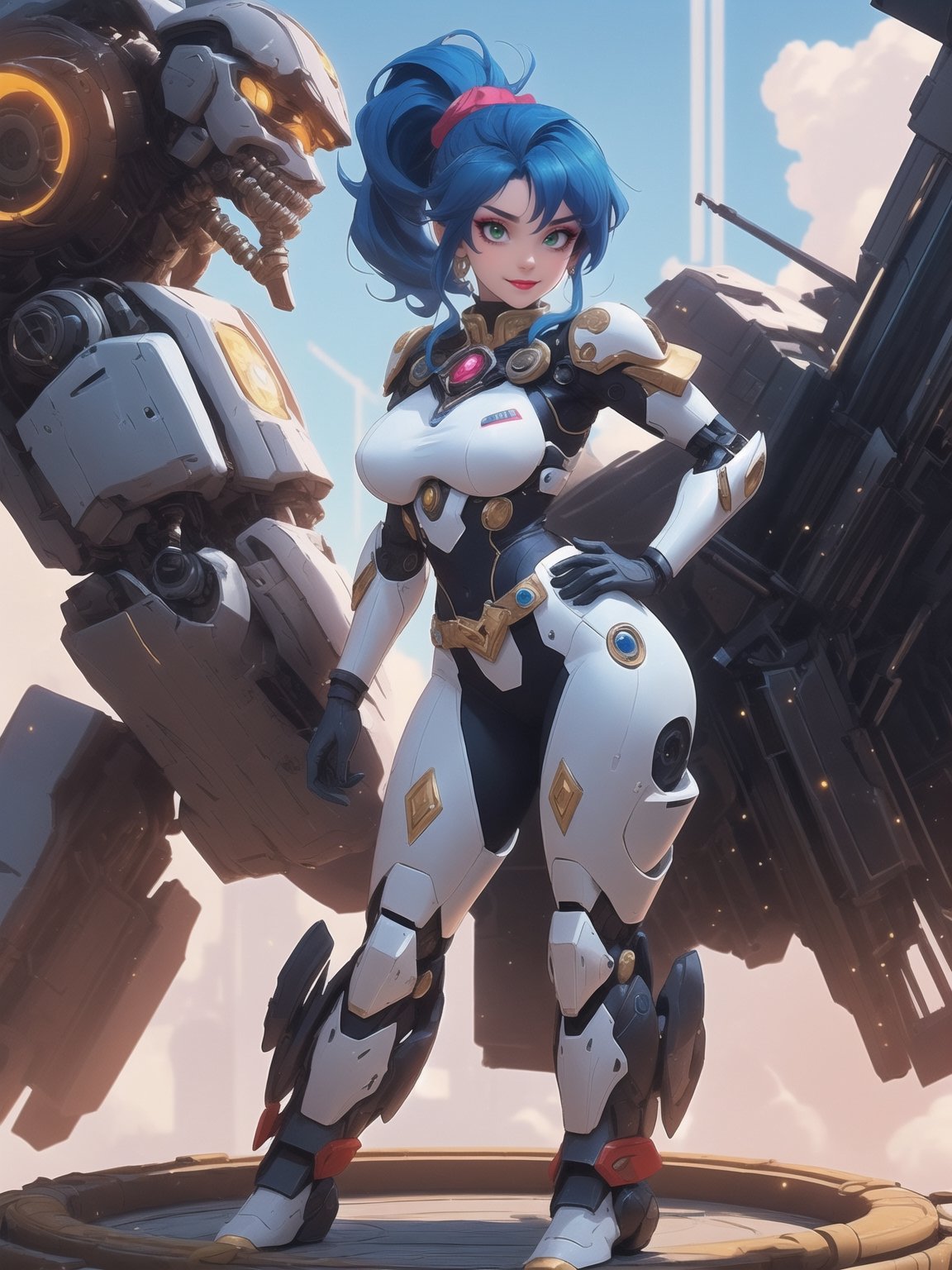 In high-resolution UHD, mecha musume style with nuances of Chrono Trigger. | An imposing woman wearing a white robotic suit, blue accents, and circular lights, standing out with a snug outfit and striking breasts. A cybernetic belt with a bright jewel at the center adorns her waist. Short blue hair with a ponytail adds elegance. With a futuristic helmet, she gazes directly at the observer on an aircraft filled with Square Enix's giant machines and robots. The window reveals a fantastic panorama. | Composition with atmospheric perspective, wide angle, and f/4.0 aperture to enhance depth. Effects like global illumination and projected shadows create an immersive atmosphere. | A mecha musume warrior, ready to unravel temporal mysteries on her journey inspired by Chrono Trigger. | She: ((interacting and leaning on anything, very large structure+object, leaning against, sensual pose):1.3), ((Full body image)), perfect hand, fingers, hand, perfect, better_hands, More Detail.