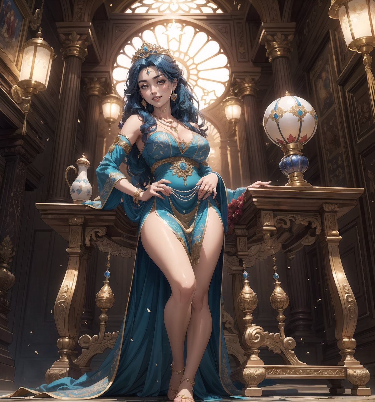 Image in 4K ultra-sharp with a Persian, Arabic, and Oriental style, combining religious elements and opulence. | A 29-year-old woman with long and straight blue hair, dressed in a Persian princess outfit, is standing inside a Persian temple. The outfit consists of a long and flowing dress in shades of blue and gold, with embroidery and precious stone details. She is also wearing a gold tiara with precious stones, a necklace with a star-shaped pendant, and gold bracelets. Her red eyes shine with happiness, and her mouth opens in a radiant smile, showing her white and well-aligned teeth, while her cheeks are flushed. | The composition of the image is in a wide-angle shot, emphasizing the woman's figure and the architectural elements of the temple. The stone walls, columns, statues, wooden gates, tables, metal candelabras, lamps, and stone altar, all over half a meter high, create a majestic and sacred environment. The natural lighting that enters through the high windows highlights the details of the scene. | Soft and warm lighting effects create a welcoming and mystical atmosphere, while detailed textures on the structures and the outfit add realism to the image. The intense shine of the woman's blue hair and the shine of the precious stones on the outfit and the tiara are highlighted by the rays of light that enter the scene. | A happy and enchanting scene of a woman dressed as a Persian princess inside a majestic temple, combining religious elements and opulence. | (((((The image reveals a full-body_shot as she assumes a joyful_pose, engagingly interacting with the structures within the scene in an exciting manner. She takes on a relaxed_pose as she interacts, boldly leaning on a structure, leaning back in an exciting way))))) | ((perfect_anatomy, perfect_body, perfect_pose)), ((full-body_shot)), ((perfect fingers, better hands, perfect hands):1.5), ((perfect legs, perfect feet):1.5), ((perfect design)), ((correct errors):1.5), ((perfect composition)), ((very detailed scene, very detailed background, correct imperfections, perfect layout):1.2), ((More Detail, Enhance))