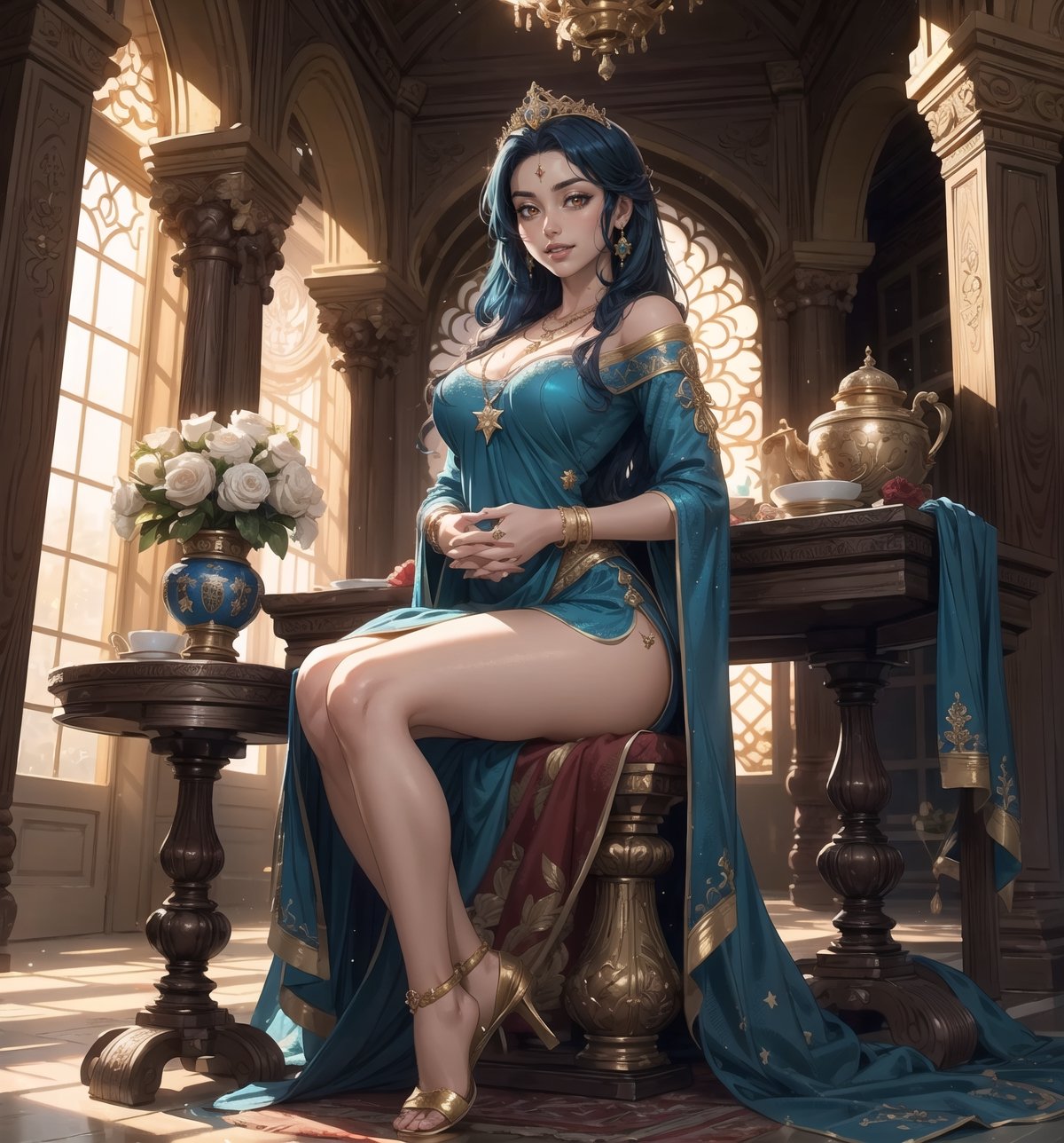 Image in 4K ultra-sharp with a Persian, Arabic, and Oriental style, combining religious elements and opulence. | A 29-year-old woman with long and straight blue hair, dressed in a Persian princess outfit, is standing inside a Persian temple. The outfit consists of a long and flowing dress in shades of blue and gold, with embroidery and precious stone details. She is also wearing a gold tiara with precious stones, a necklace with a star-shaped pendant, and gold bracelets. Her red eyes shine with happiness, and her mouth opens in a radiant smile, showing her white and well-aligned teeth, while her cheeks are flushed. | The composition of the image is in a wide-angle shot, emphasizing the woman's figure and the architectural elements of the temple. The stone walls, columns, statues, wooden gates, tables, metal candelabras, lamps, and stone altar, all over half a meter high, create a majestic and sacred environment. The natural lighting that enters through the high windows highlights the details of the scene. | Soft and warm lighting effects create a welcoming and mystical atmosphere, while detailed textures on the structures and the outfit add realism to the image. The intense shine of the woman's blue hair and the shine of the precious stones on the outfit and the tiara are highlighted by the rays of light that enter the scene. | A happy and enchanting scene of a woman dressed as a Persian princess inside a majestic temple, combining religious elements and opulence. | (((((The image reveals a full-body_shot as she assumes a joyful_pose, engagingly interacting with the structures within the scene in an exciting manner. She takes on a relaxed_pose as she interacts, boldly leaning on a structure, leaning back in an exciting way))))) | ((perfect_anatomy, perfect_body, perfect_pose)), ((full-body_shot)), ((perfect fingers, better hands, perfect hands):1.5), ((perfect legs, perfect feet):1.5), ((perfect design)), ((correct errors)), ((perfect composition)), ((very detailed scene, very detailed background, correct imperfections, perfect layout):1.2), ((More Detail, Enhance))