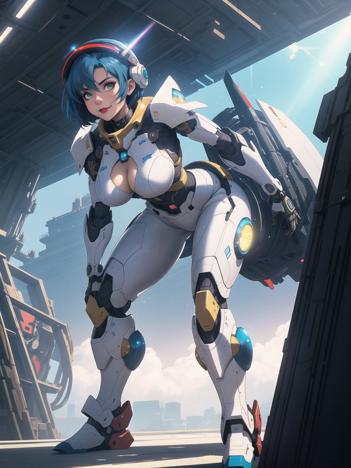 Impeccable 4K resolution, mecha musume style with a touch of contemporary anime. | A warrior clad in a white robotic suit, accentuated by blue accents, circular lights, and finely tuned details. Imposing breasts and short blue hair stand out under a helmet. She stares at the viewer with determination, standing on a futuristic aircraft filled with Square Enix machinery and equipment. The window reveals a shimmering scenery as the protagonist prepares for adventure. | Dynamic composition, attractive angle, and f/4.0 aperture to highlight the character and the Chrono Trigger environment. Effects like glow and lights enhance the futuristic look. | A mecha musume warrior from Square Enix, ready to explore new horizons in her technological aircraft. | She: ((interacting and leaning on anything, very large structure+object, leaning against, sensual pose):1.5), ((Full body image)), perfect hand, fingers, hand, perfect, better_hands, More Detail.