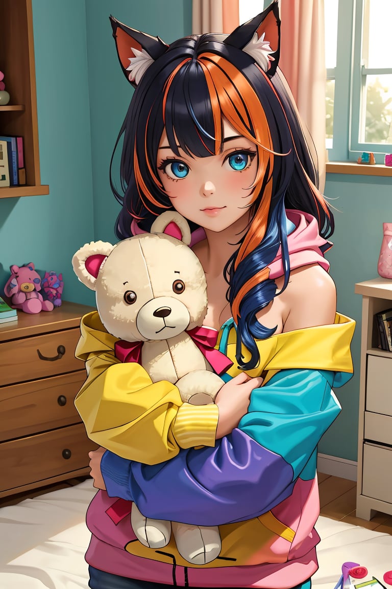 (best quality, masterpiece), 1girl, off shoulder,(multicolored hair:1.3), clutter girl's lovely room, hugging stuffed animal, fluffy hoodie with animal ears,