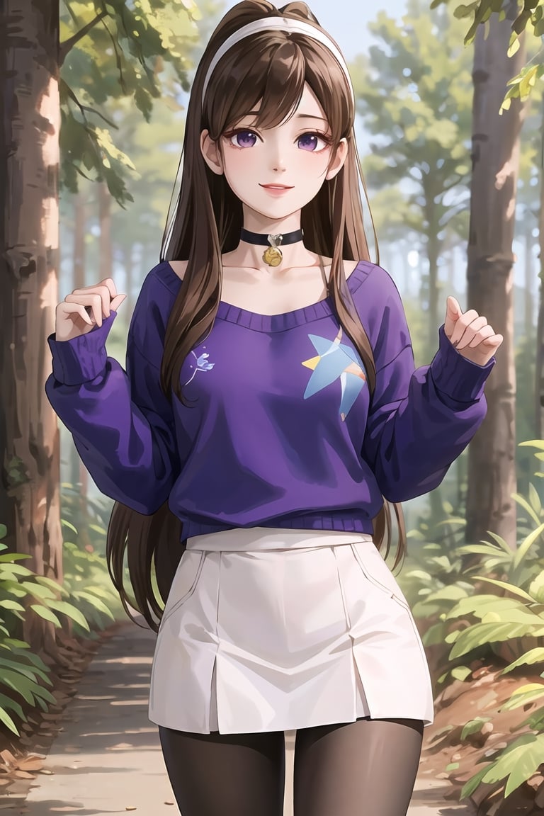 mabel pines, (masterpiece), (best_quality), sweater, 1girl,  blue_sweater, purple_sweater, standing, brown_hair, hairband, black_eyes, star_print, smile, very_long_hair, purple_hairband, choker, pantyhose, cowboy_shot, Mabel Pines, outdoors, forest