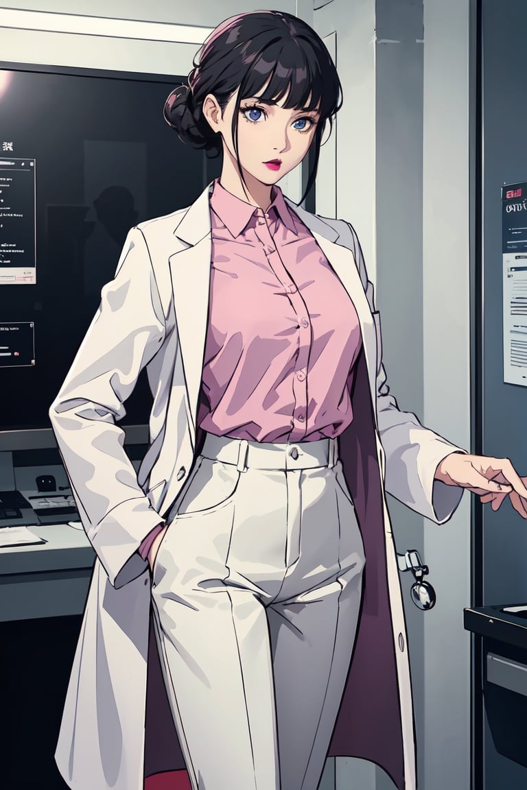 mature woman, 1girl, single hair bun, black hair, blue eyes, swept bangs, doctor, lab coat white coat, pink shirt, solo, standing, purple lipstick, grey pants