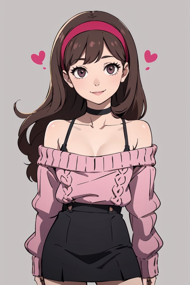 mabel pines, (masterpiece), (best_quality), off-shoulder_sweater, cute, 1girl, bare_shoulders, cable_knit, aran_sweater, pink_sweater, purple_sweater, standing, brown_hair, red_hairband, black_eyes, smile, very_long_hair, solo, hairband, heart_choker, purple_skirt, collarbone, cowboy_shot, bra_strap, ribbed_sweater, Mabel Pines