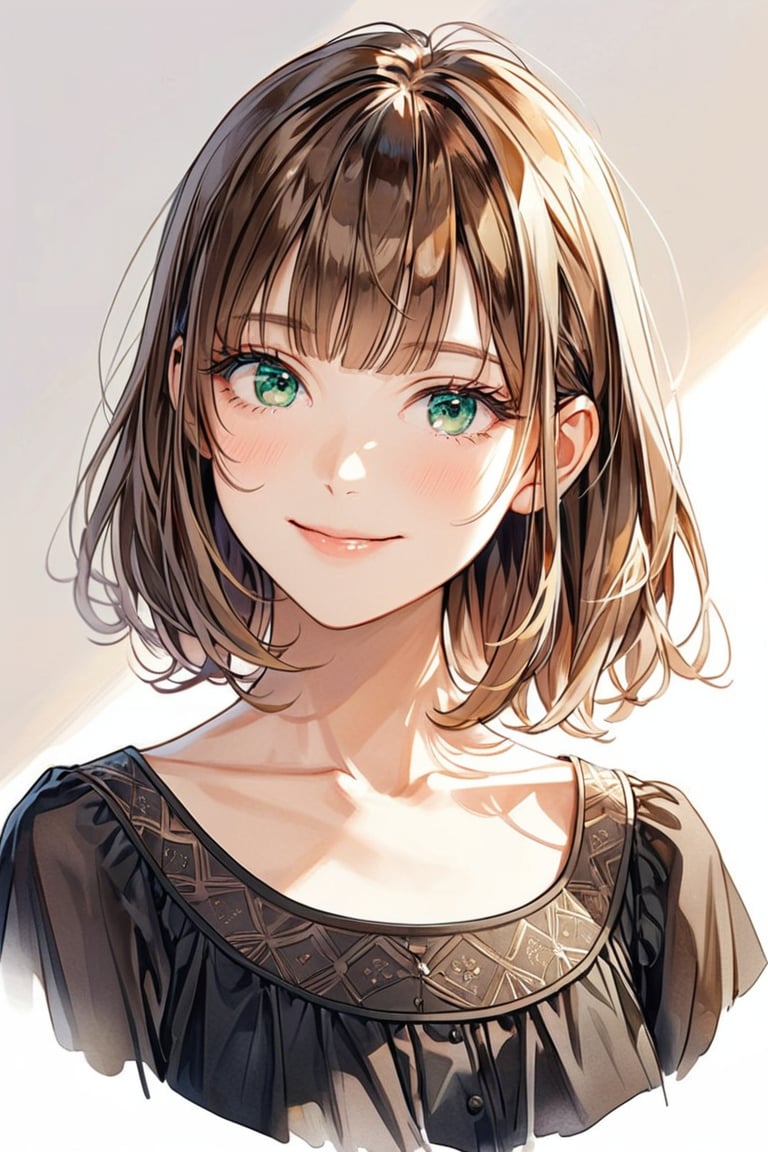 aestetic, best quality, 1girl, light brown hair, blunt ends, blunt bangs, medium hair, low ponytail, beautiful detailed eyes, green eyes, beautiful face, gentle smile, closed mouth, head tilt, black clothes, collarbone, soft light, upperbody, blush, masterpiece, gradient_hair, brown hair, himecut