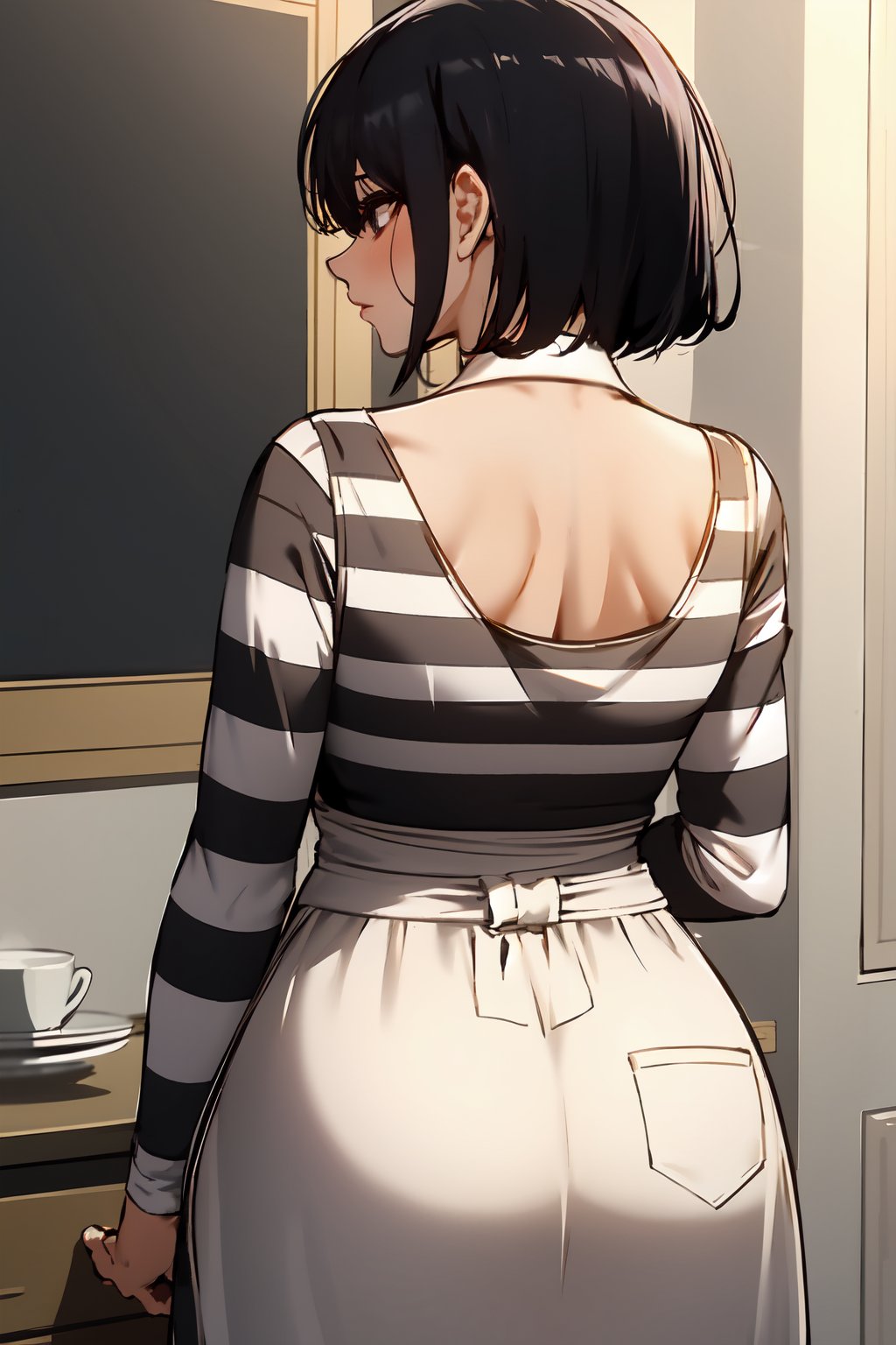 masterpiece, best quality, milf, 1girl, black_hair, mature_female, housewife, (from_behind, facing_away), (striped_dress, long_dress), indoors, short_hair, pantylines, single_hair_bun, striped, from_behind facing_away, taut_dress, white_dress black_dress, sleeves, apron,