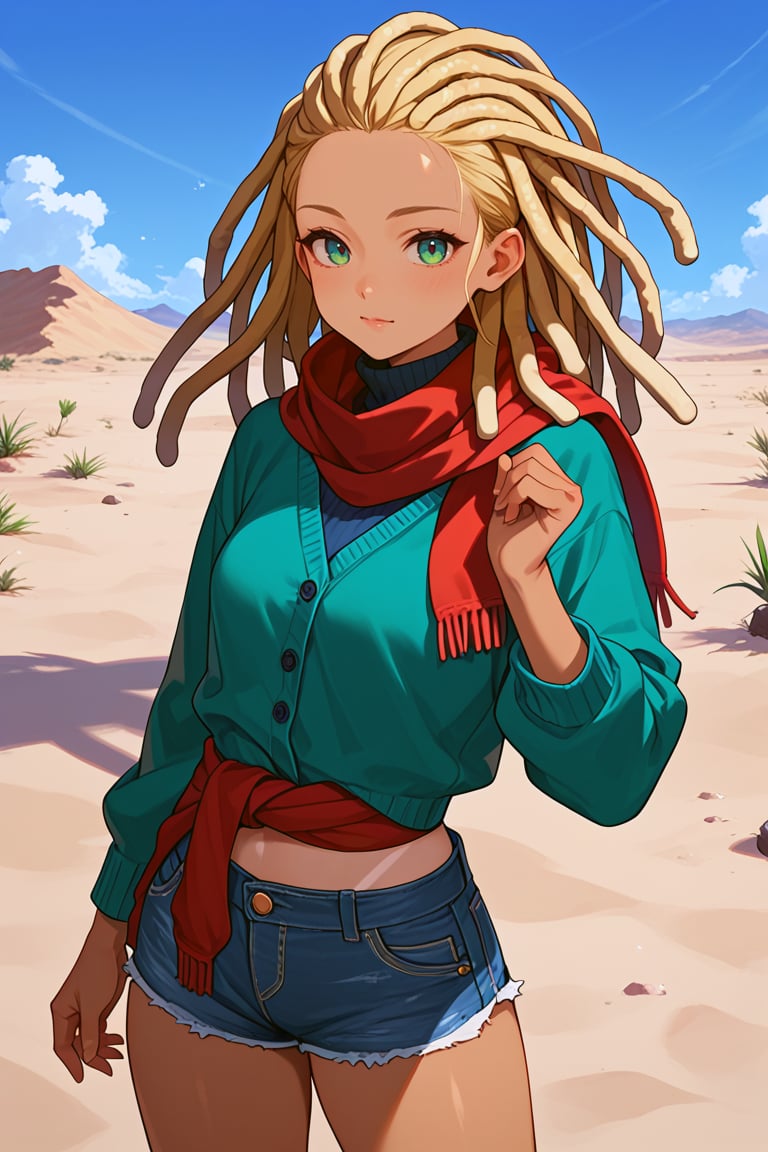 score_9, score_8_up, score_7_up, score_6_up, high quality, source_anime, BREAK, 1girl, blonde hair, (dreadlocks:1.2), forehead, red scarf, long sleeves, turtleneck sweater, dark blue sweater, midriff, denim shorts, green eyes, red cardigan around waist,  cowboy shot, desert, outdoors, sand, sunny, looking at viewer, solo, long hair, tan