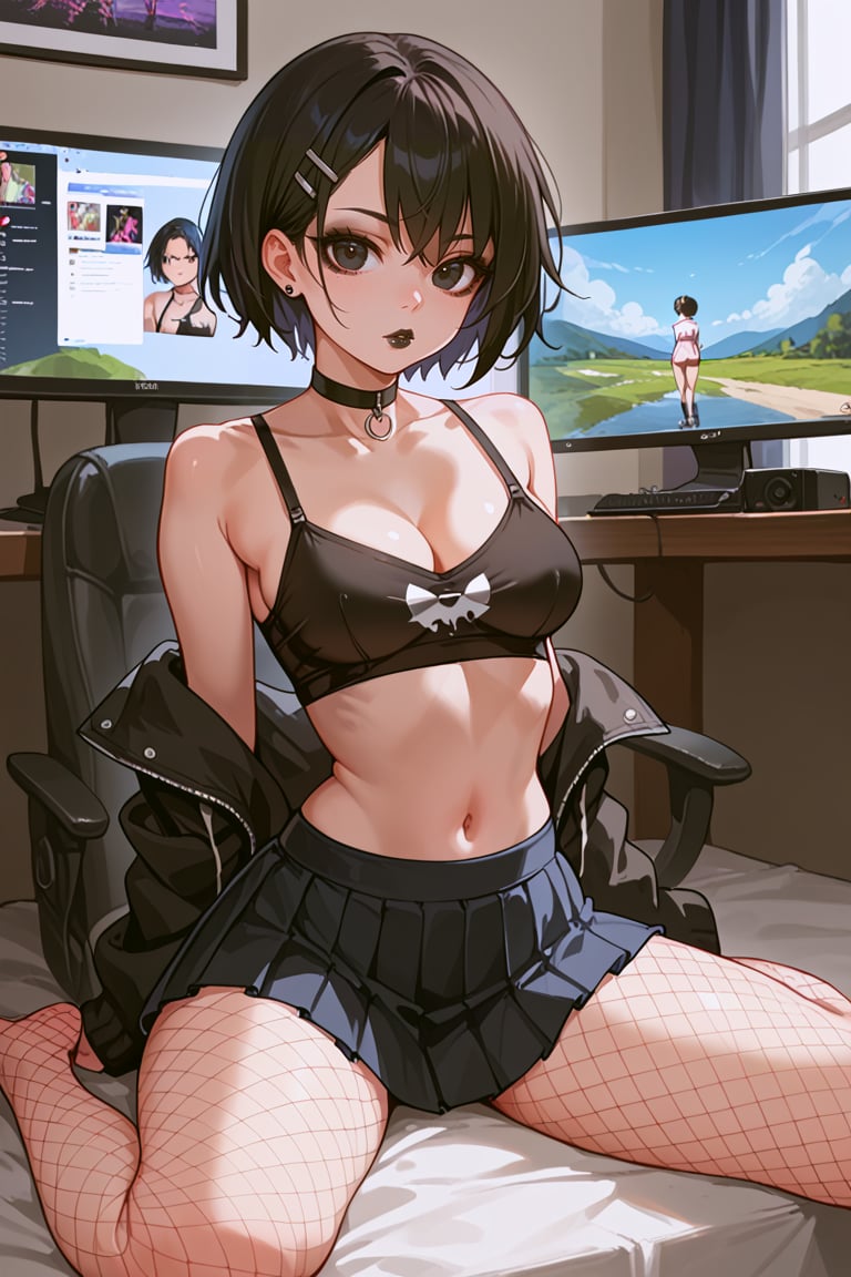 score_9, score_8_up, score_7_up, score_6_up, realism, high quality, best quality, 1girl, solo, medium breasts, fishnet pantyhose, black hair, short hair, teen, emo, make up, sitting, facing viewer, high detail, detailed, streamer, cosplayer, miniskirt, black miniskirt, microskirt, pleated skirt, narrow waist, skinny, indoors, screen light, wide hips, black choker, loli,