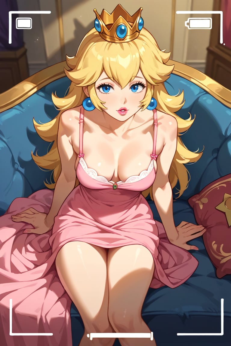 score_9, score_8_up, score_7_up, score_6_up, (best quality), realistic skin texture, black couch, 1girl, princess peach, pink dress, lipstick, blonde hair, parted lips, blue eyes, viewfinder, indoors, room, couch, rich, crown, gloden crown, facing viewer, medium breasts, looking at viewer, seductive, solo, downblouse, (bra peek:0.8)