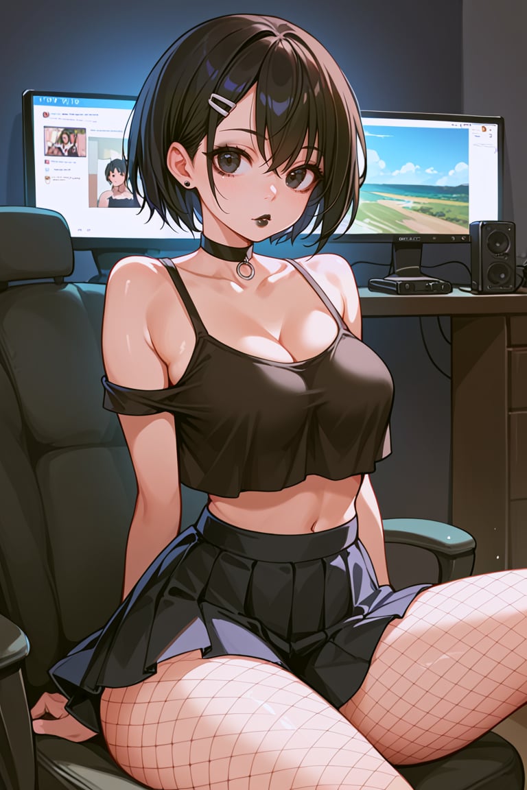 score_9, score_8_up, score_7_up, score_6_up, realism, high quality, best quality, 1girl, solo, medium breasts, fishnet pantyhose, black hair, short hair, teen, emo, make up, sitting, facing viewer, high detail, detailed, streamer, cosplayer, miniskirt, black miniskirt, microskirt, shiny skirt, pleated skirt, narrow waist, skinny, indoors, screen light, wide hips, black choker, loli,