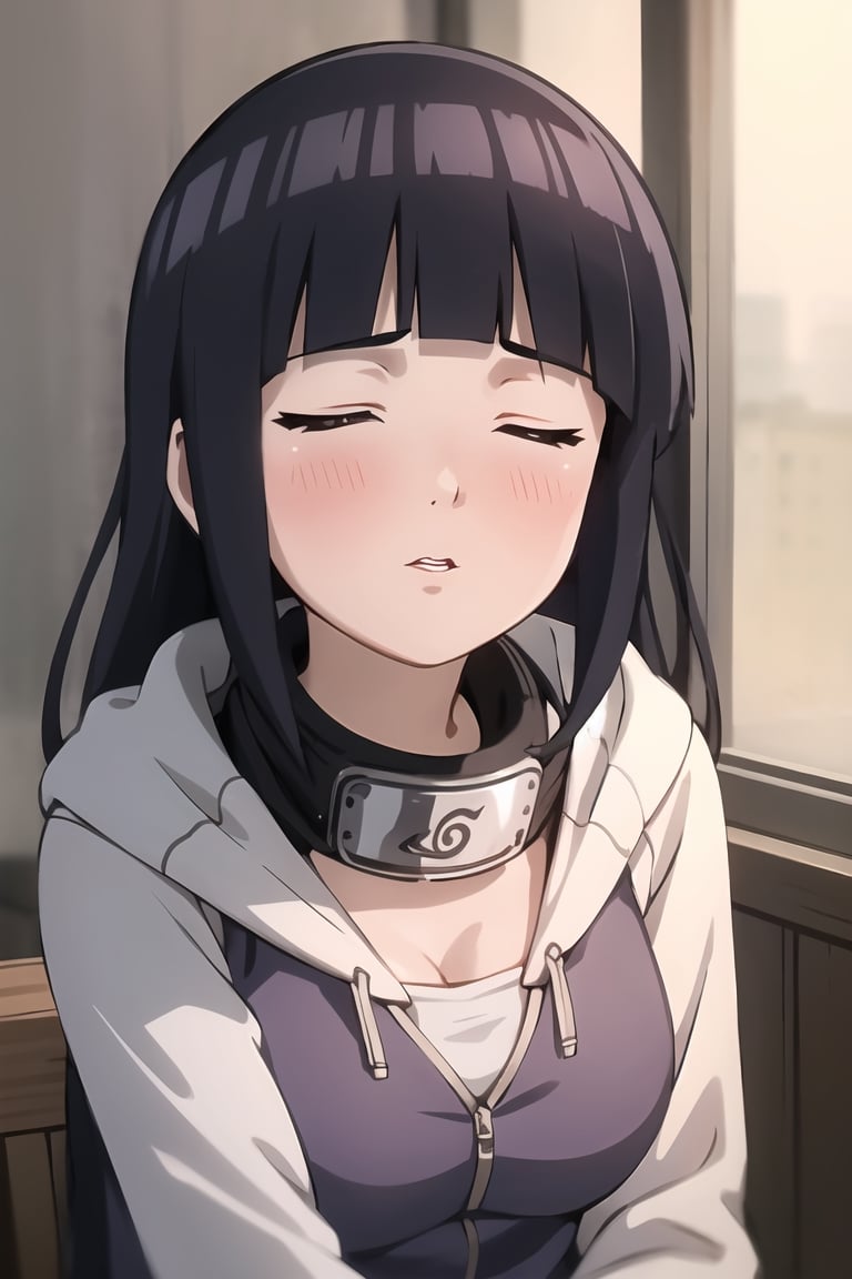 masterpiece, 1girl, (incoming_kiss), restaurant, close_up, hooded_cardigan, long_sleeves, beautiful, black_hair, closed_eyes,, indoors, cinematic lighting, hinata, atmospheric, blunt_bangs, blush, looking_at_viewer, pov kiss, kissing_viewer, long_hair, hinata\(shippuden\), headband around neck, breasts