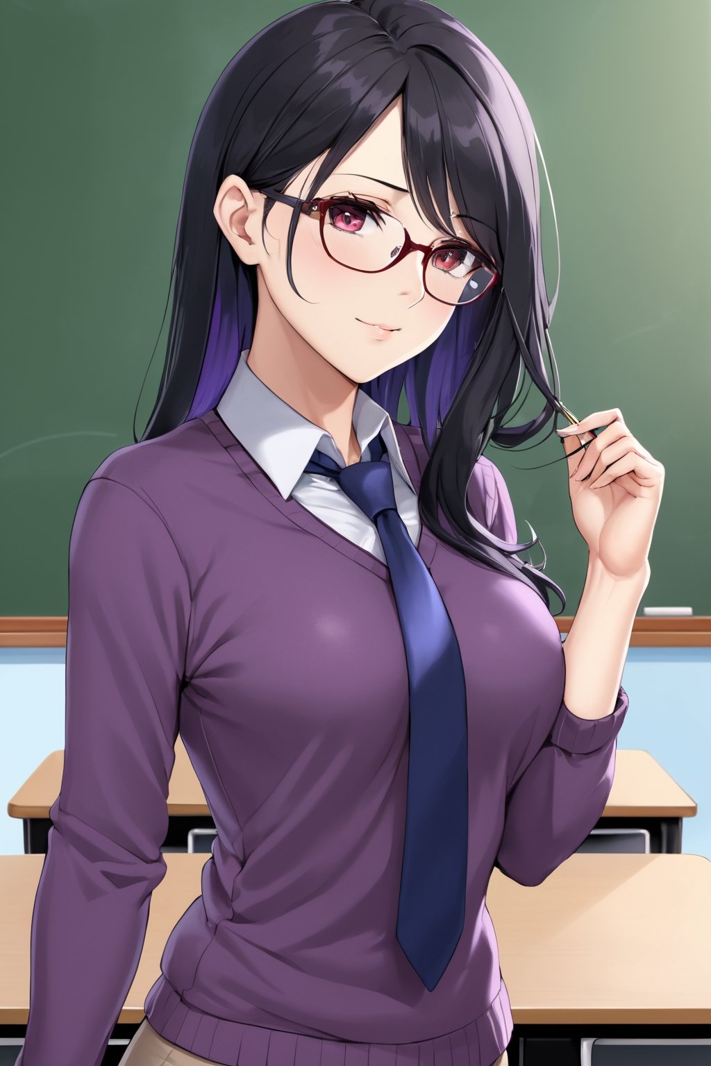 mature female, teacher, long black hair, glasses, multicolored hair, red eyes, purple sweater, small breasts, beautiful, classroom, sleeves pushed up, beautiful day, attractive, chalkboard, 1girl, female teacher, necktie, sfw, office lady, milf, detailed clothes, sidecut, uneven haircut