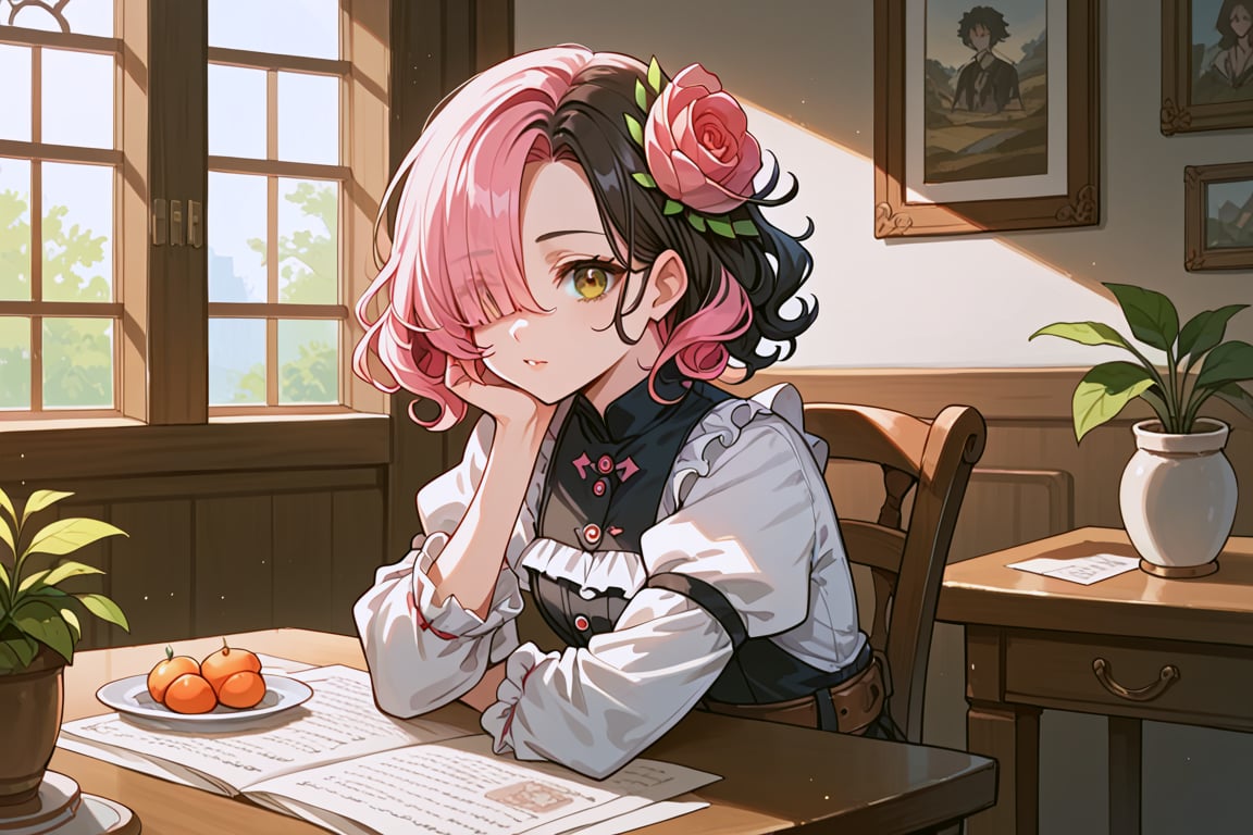 score_9, score_8_up, score_7_up, score_6_up, score_5_up, source_anime, 1girl, table, curly hair, multicolored hair black hair, pink hair,  roots_(hair), hair over one eye, one eye covered, hair behind ear, white frilled shirt, masterpiece, best quality, puffy long sleeves, single_hair_bun, brown belt, sitting, medium hair, brown eyes