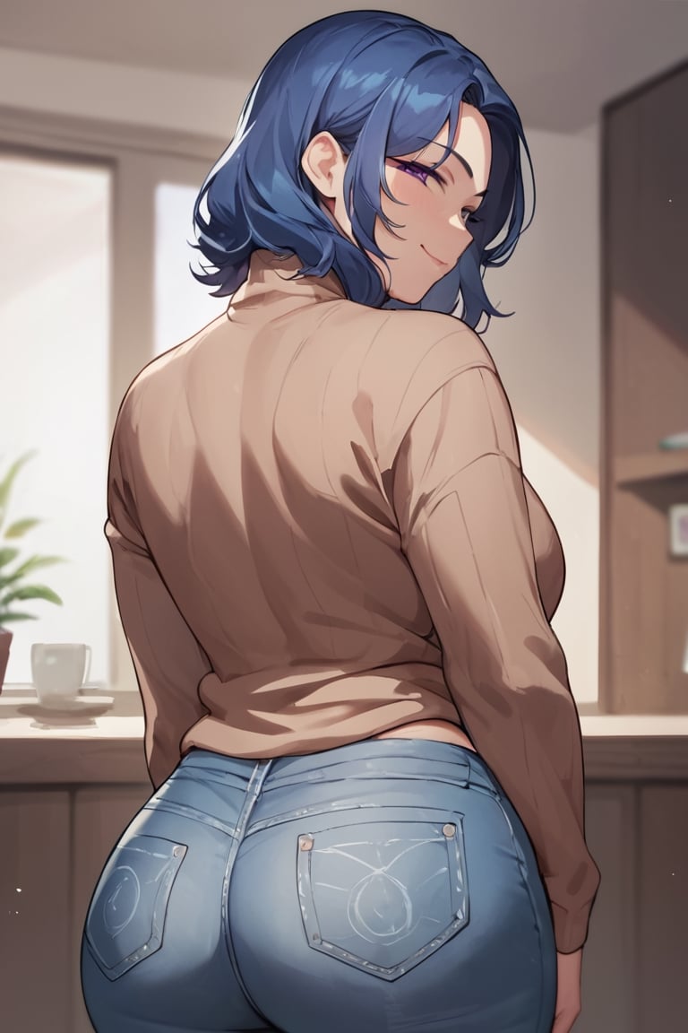 best quality, 1girl, blue hair, purple eyes, from behind, back, brown sweater, turtleneck, smug, white sleeves, looking at viewer, looking back, back, curvy, mature female, denim, medium hair, raglan sleeves white sleeves, BREAK, source_anime, score_9, score_8_up, score_7_up