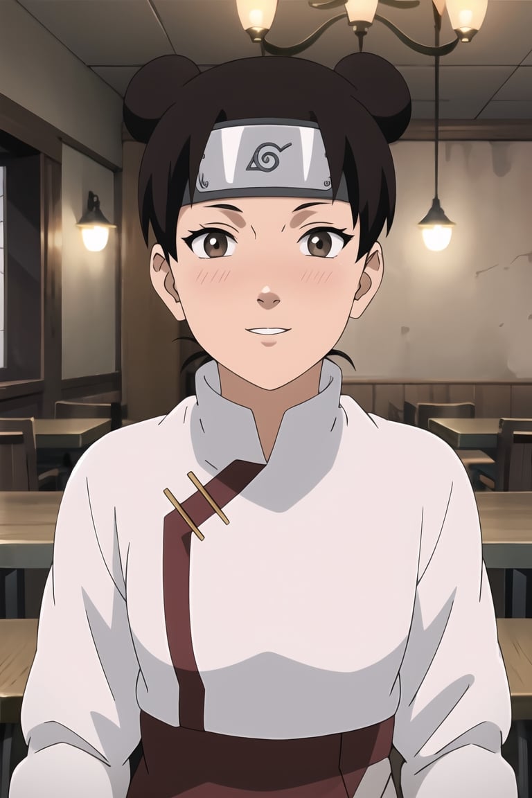 masterpiece, 1girl, (incoming_kiss), restaurant, upper_body, white shirt,  beautiful, brown_hair, brown_eyes, indoors, cinematic lighting, tenten, atmospheric, blush, looking_at_viewer, pov kiss, forehead protector, kissing_viewer, tenten\(shippuden\), cute, smile, konohagakure symbol, small_breasts