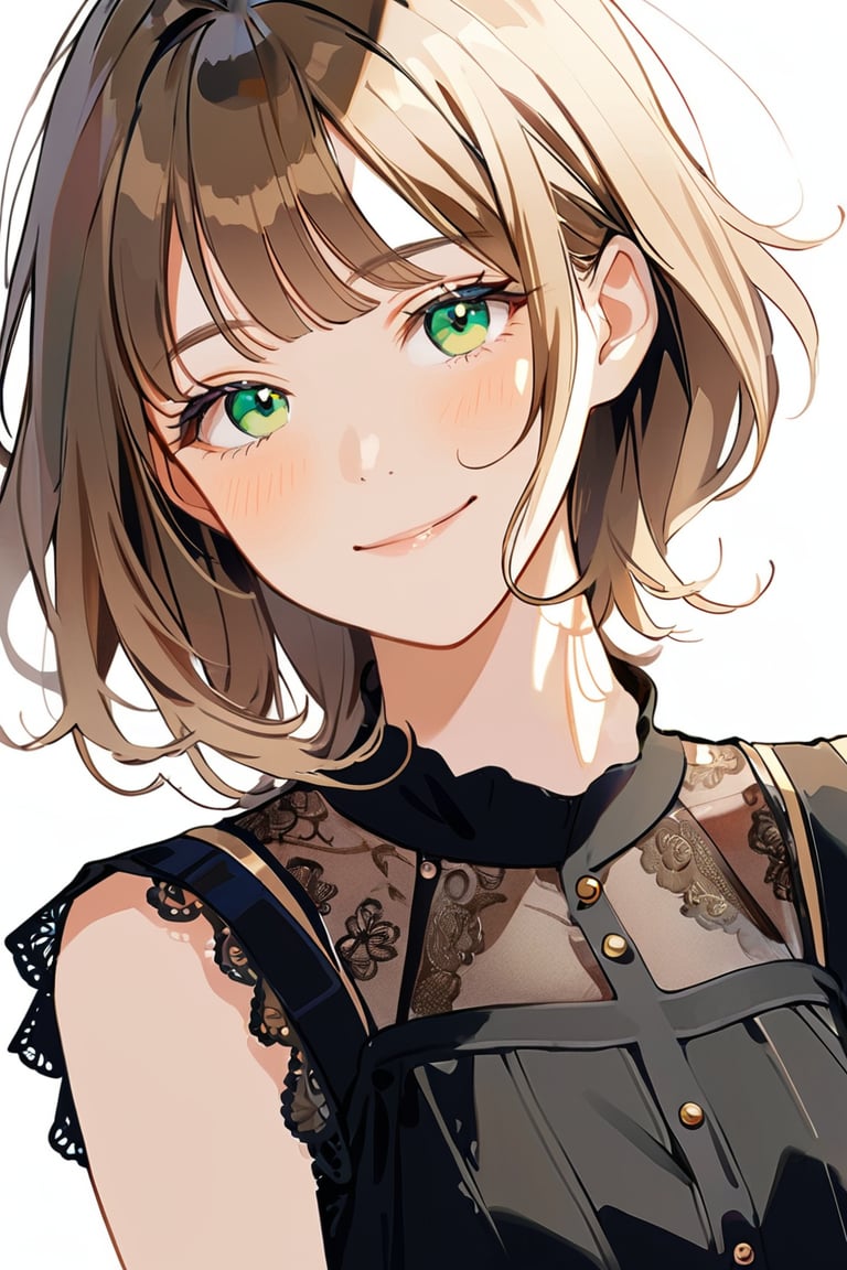 aestetic, best quality, 1girl, light brown hair, blunt ends, blunt bangs, medium hair, low ponytail, beautiful detailed eyes, green eyes, beautiful face, gentle smile, closed mouth, head tilt, black clothes, collarbone, soft light, upperbody, blush, masterpiece, gradient_hair, brown hair, himecut