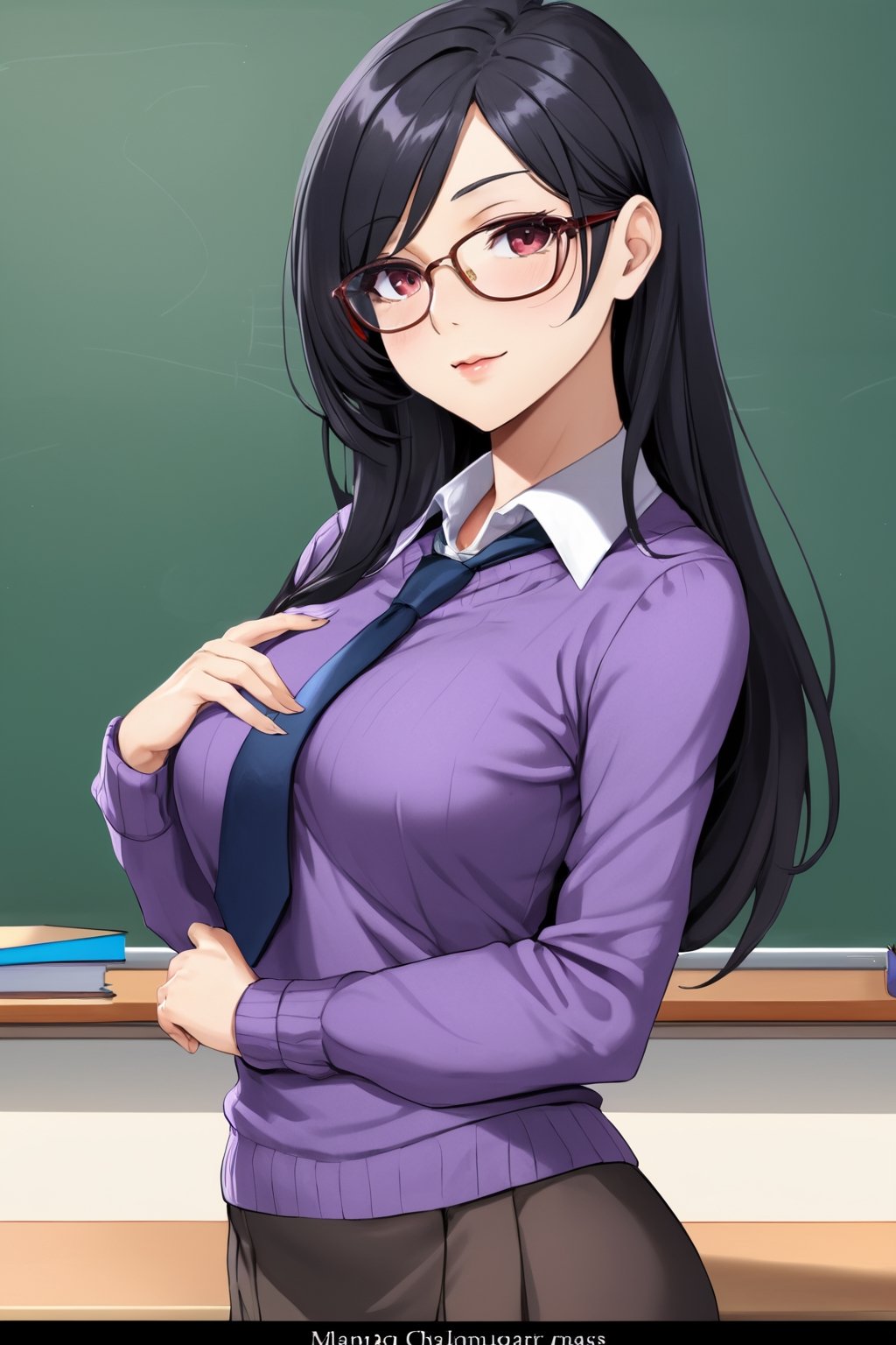 mature female, teacher, long black hair, glasses, multicolored hair, red eyes, purple sweater, small breasts, beautiful, classroom, sleeves pushed up, beautiful day, attractive, chalkboard, 1girl, female teacher, necktie, sfw, office lady, milf, detailed clothes,