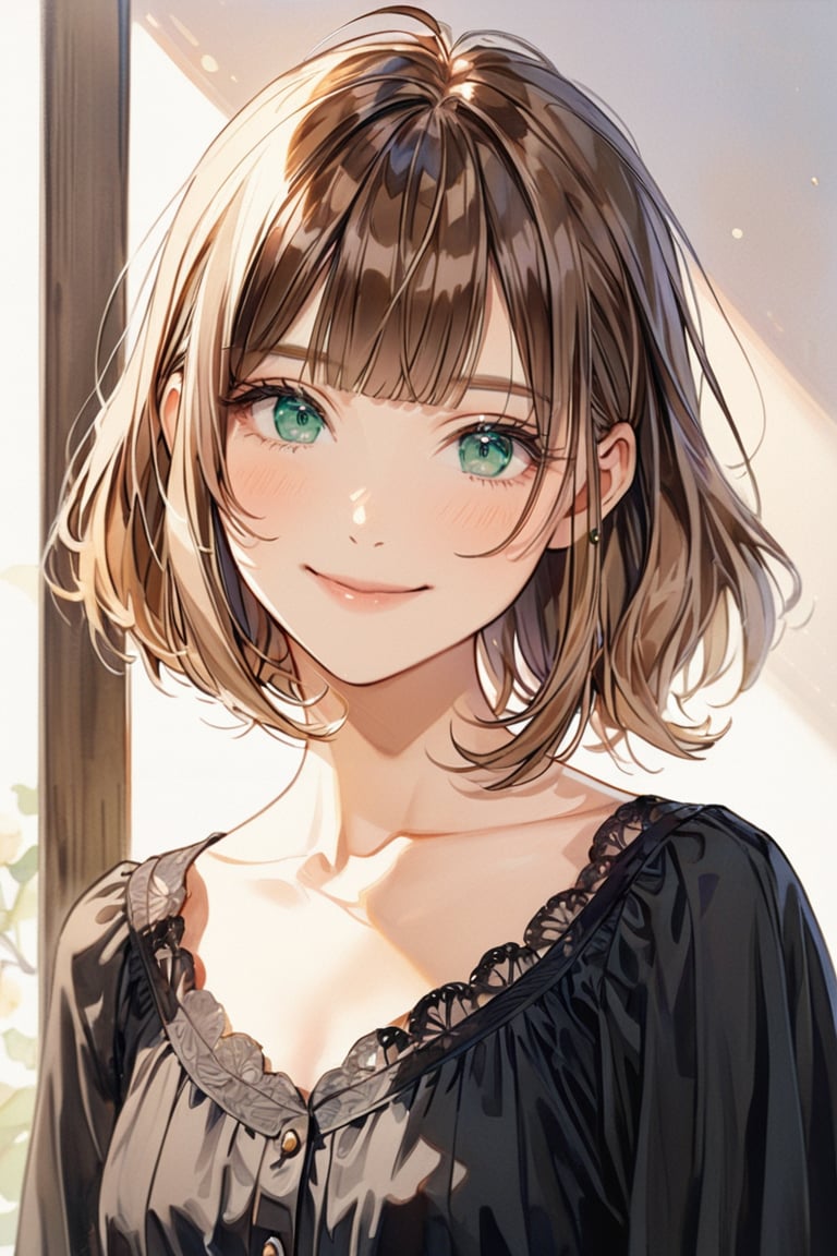 aestetic, best quality, 1girl, light brown hair, blunt ends, blunt bangs, medium hair, low ponytail, beautiful detailed eyes, green eyes, beautiful face, gentle smile, closed mouth, head tilt, black clothes, collarbone, soft light, upperbody, blush, masterpiece, gradient_hair, brown hair, himecut