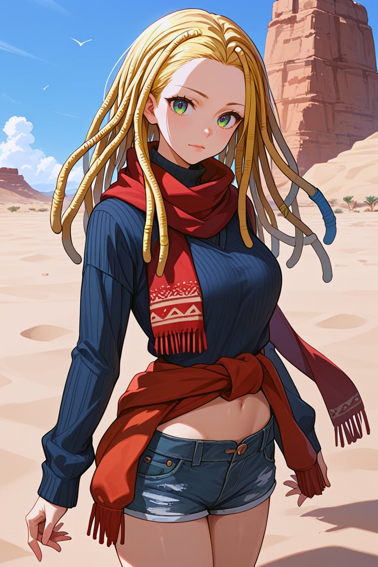 score_9, score_8_up, score_7_up, score_6_up, high quality, source_anime, BREAK, 1girl, blonde hair, (dreadlocks:1.2), forehead, red scarf, long sleeves, turtleneck sweater, dark blue sweater, midriff, denim shorts, green eyes, red cardigan around waist,  cowboy shot, desert, outdoors, sand, day, looking at viewer, source_anime, solo, long hair