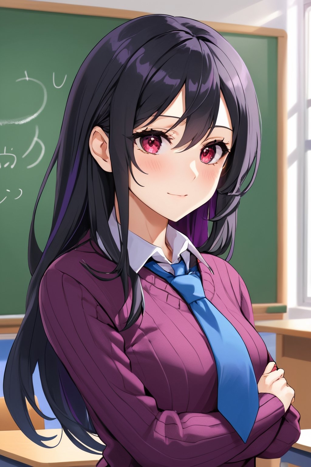 mature female, teacher, long black hair, multicolored hair, red eyes, purple sweater, small breasts, beautiful, classroom, sleeves pushed up, beautiful day, extremely attractive, chalkboard, 1girl, female teacher, necktie