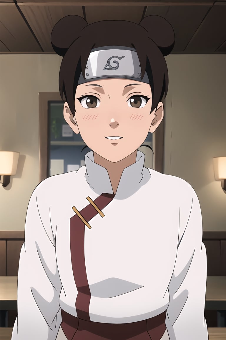 masterpiece, 1girl, (incoming_kiss), restaurant, upper_body, white shirt,  beautiful, brown_hair, brown_eyes, indoors, cinematic lighting, tenten, atmospheric, blush, looking_at_viewer, pov kiss, forehead protector, kissing_viewer, tenten\(shippuden\), cute, smile, konohagakure symbol, small_breasts