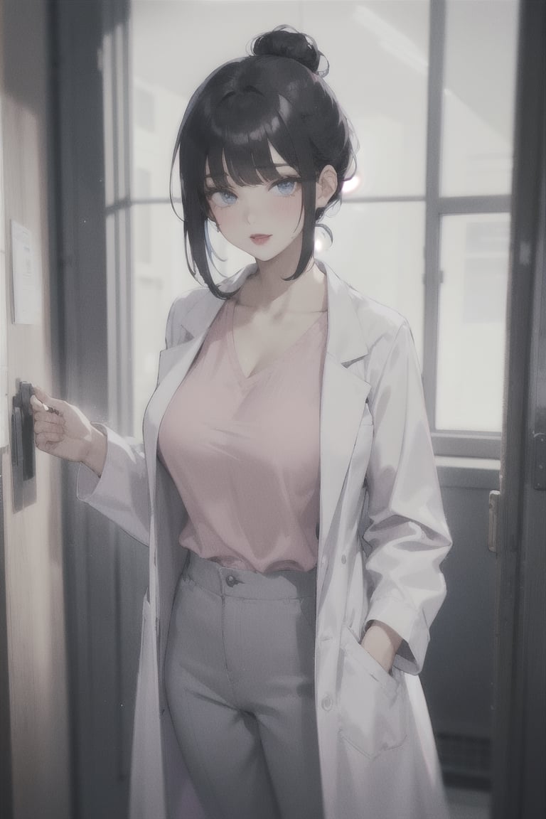 mature woman, 1girl, single hair bun, black hair, blue eyes, swept bangs, doctor, lab coat white coat, pink shirt, solo, standing, purple lipstick, grey pants