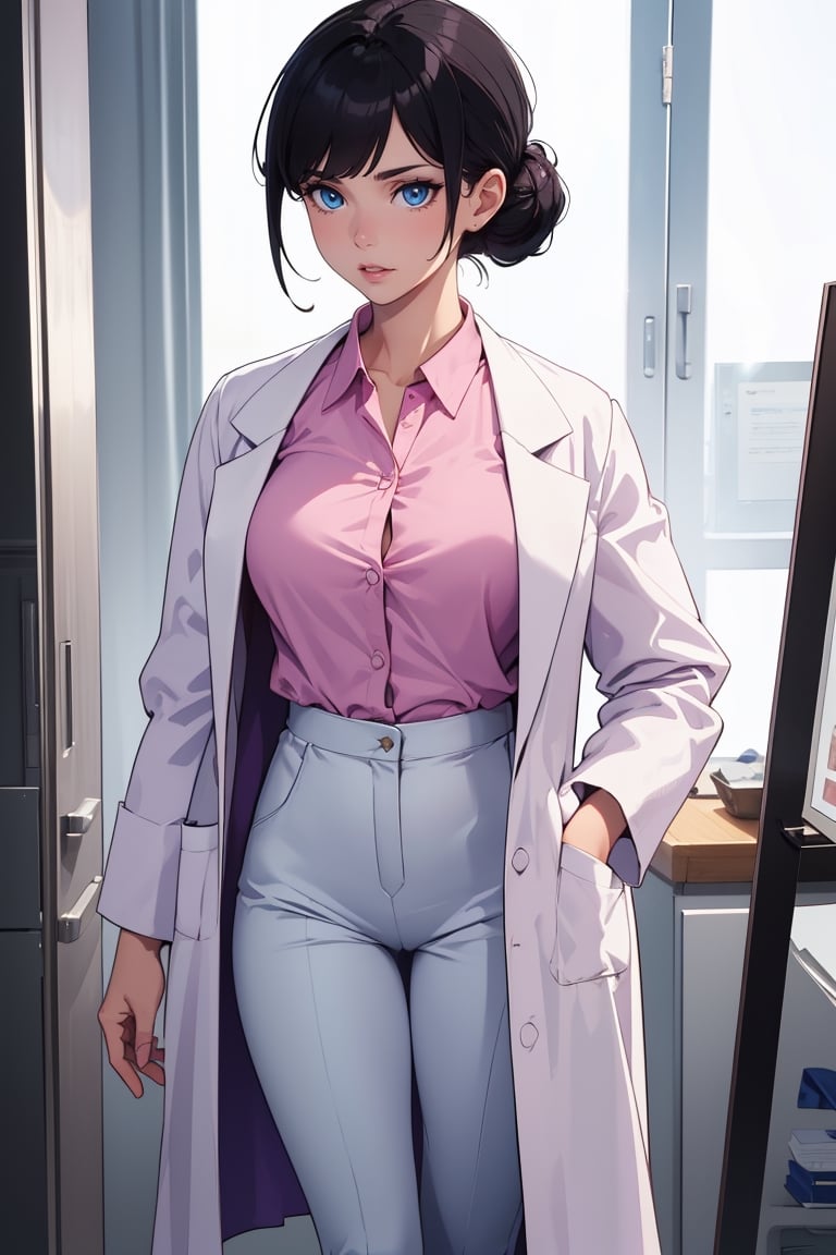 mature woman, 1girl, single hair bun, black hair, blue eyes, swept bangs, doctor, lab coat white coat, pink shirt, solo, standing, purple lipstick, grey pants