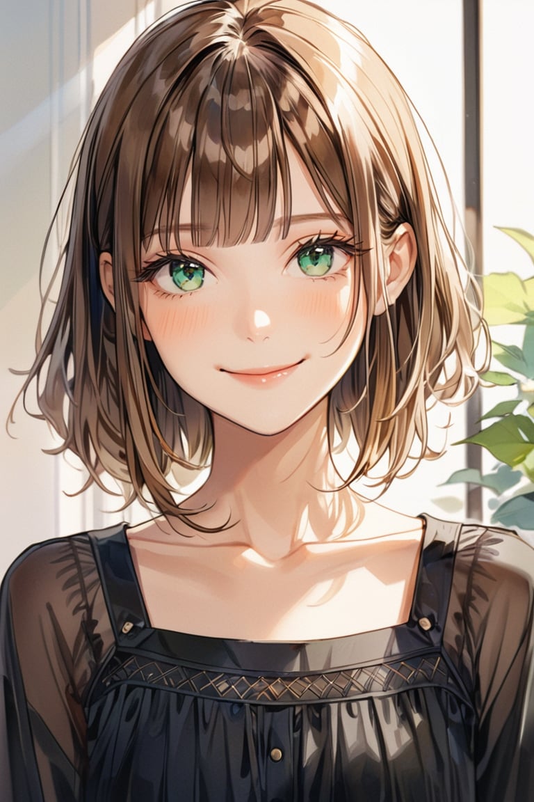 aestetic, best quality, 1girl, light brown hair, blunt ends, blunt bangs, medium hair, low ponytail, beautiful detailed eyes, green eyes, beautiful face, gentle smile, closed mouth, head tilt, black clothes, collarbone, soft light, upperbody, blush, masterpiece, gradient_hair, brown hair, himecut