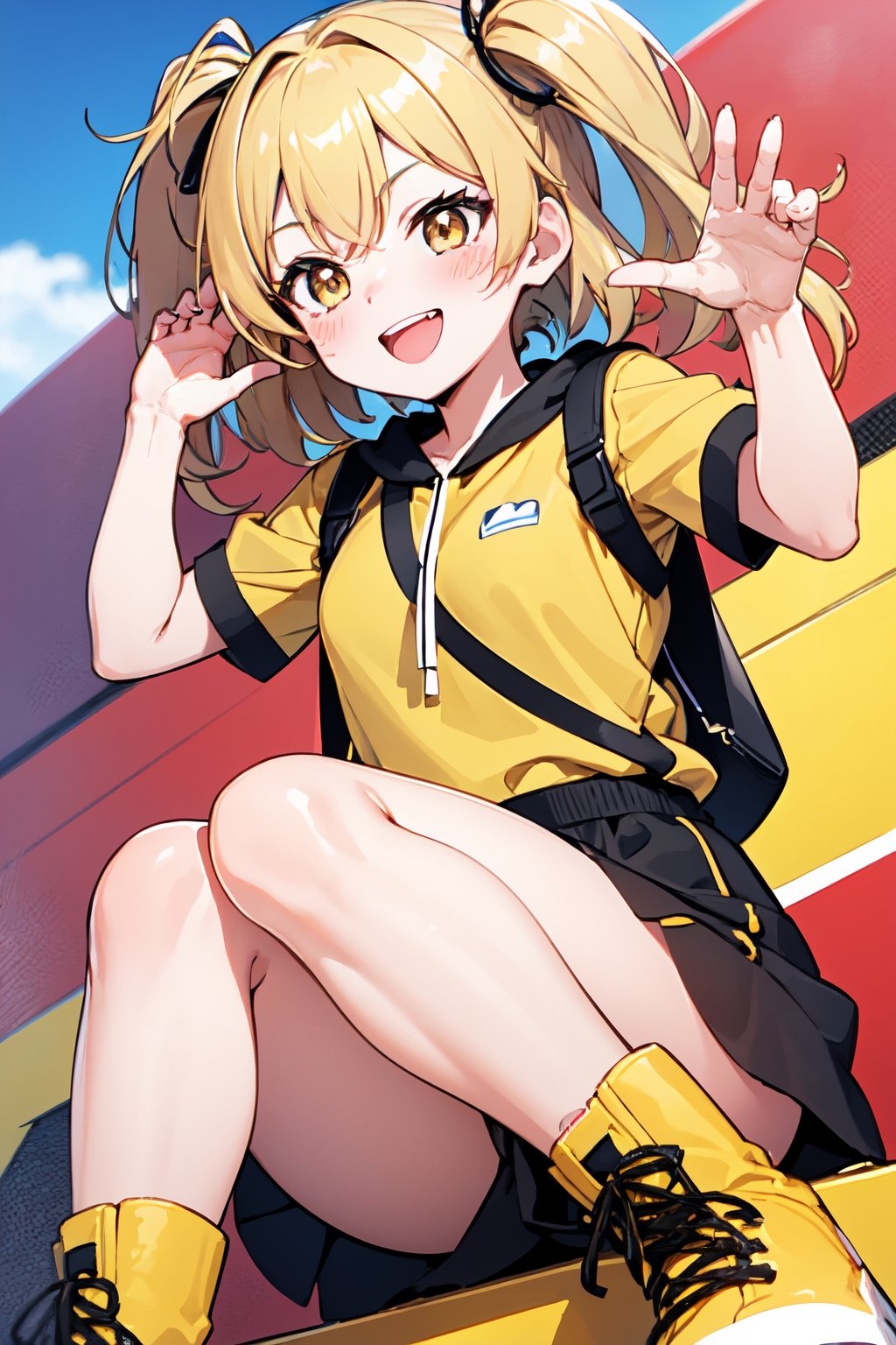 1girl, two-tone_hair blonde_hair black_hair, blonde hair, two side up, {roots_(hair)} , blush blush_stickers, striped, brown eyes, yellow clothes, brown footwear, smile, best quality, two_side_up, solo, red dot, action pose, dynamic pose