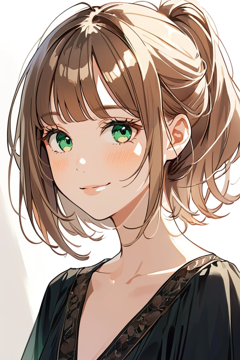 aestetic, best quality, 1girl, light brown hair, blunt ends, blunt bangs, medium hair, low ponytail, beautiful detailed eyes, green eyes, beautiful face, gentle smile, closed mouth, head tilt, black clothes, collarbone, soft light, upperbody, blush, masterpiece, gradient_hair, brown hair, himecut