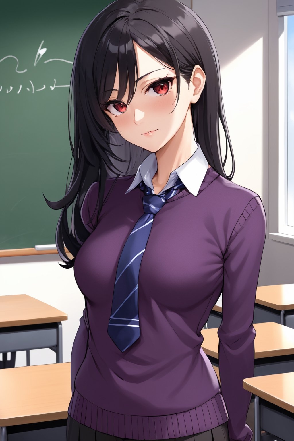 mature female, teacher, long black hair, red eyes, purple sweater, small breasts, beautiful, classroom, sleeves pushed up, beautiful day, attractive, chalkboard, 1girl, female teacher, necktie, sfw, office lady, milf, detailed clothes, sidecut, uneven haircut