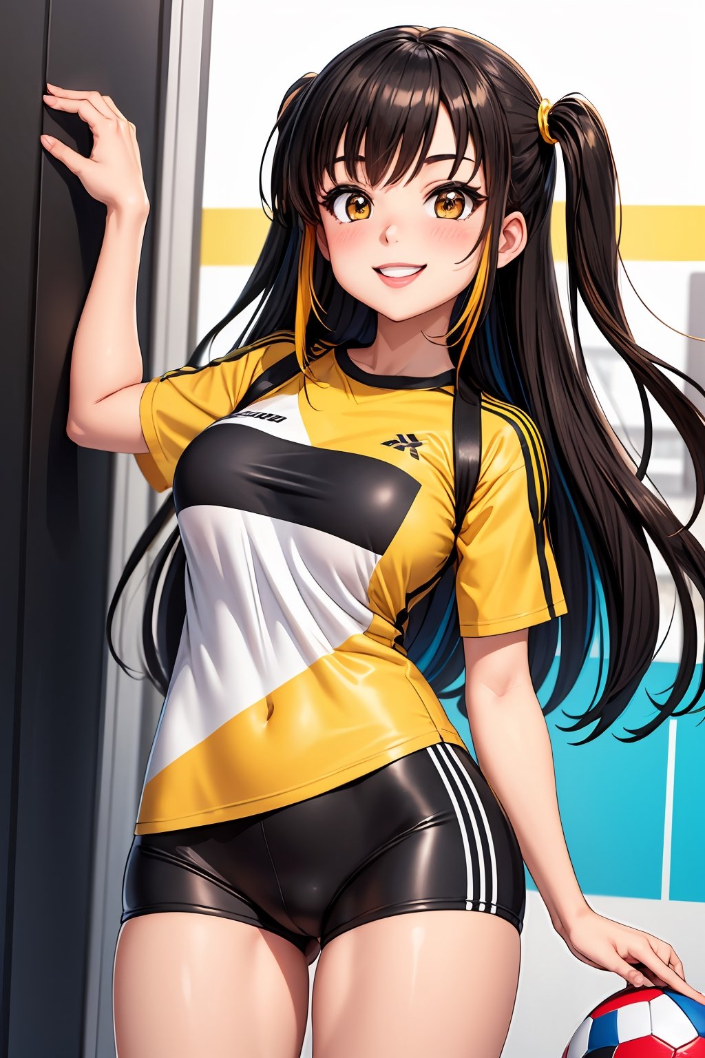 1girl, blonde hair, two side up, bolt print, blush, brown eyes, yellow clothes, brown clothes, colored tips, black hair colored tips, sports, smile, striped, best quality, multicolored hair,breakdomain