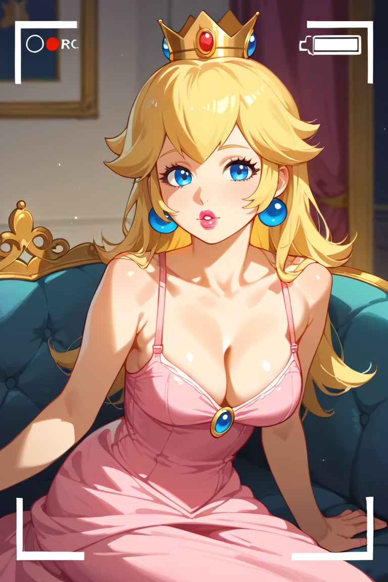 score_9, score_8_up, score_7_up, score_6_up, (best quality), realistic skin texture, black couch, 1girl, princess peach, pink dress, lipstick, blonde hair, parted lips, blue eyes, viewfinder, indoors, room, couch, rich, crown, gloden crown, facing viewer, medium breasts, looking at viewer, seductive, solo, (bra peek:0.8)