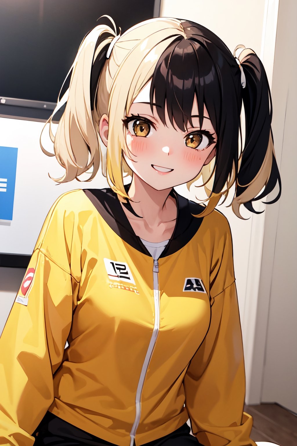 1girl, two-tone_hair blonde_hair black_hair, blonde hair, two side up,, {roots_(hair)} , bolt print, blush, brown eyes, yellow clothes, brown clothes, smile, striped, best quality, sports