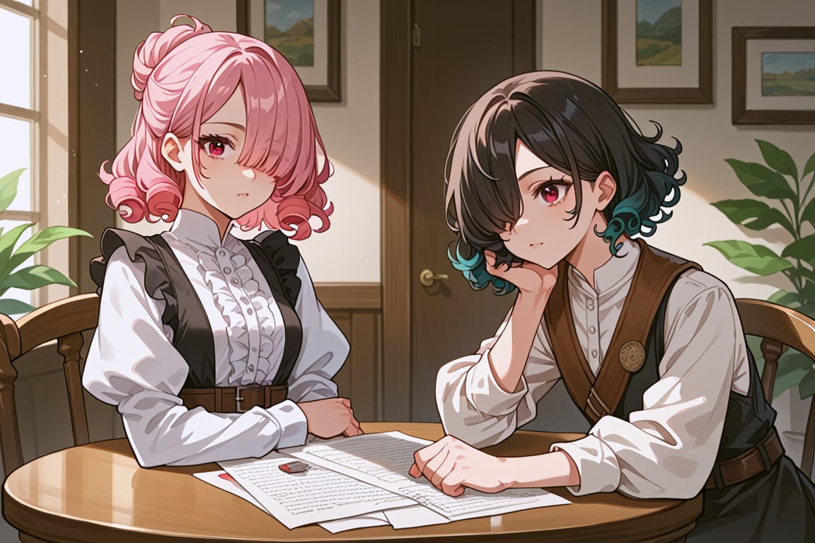 score_9, score_8_up, score_7_up, score_6_up, score_5_up, source_anime, 1girl, table, curly hair, gradient hair black hair, pink hair,  roots_(hair), hair over one eye, one eye covered, hair behind ear, white frilled shirt, masterpiece, best quality, puffy long sleeves, single_hair_bun, brown belt, sitting, medium hair, brown eyes