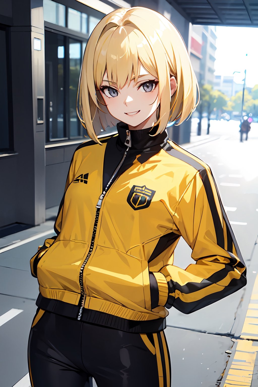 best quality, 1girl, blonde_hair, helmet, bob_cut, black_eyes, evil_smile, tracksuit, jacket, open_track_jacket, yellow_clothes, track_pants, solo