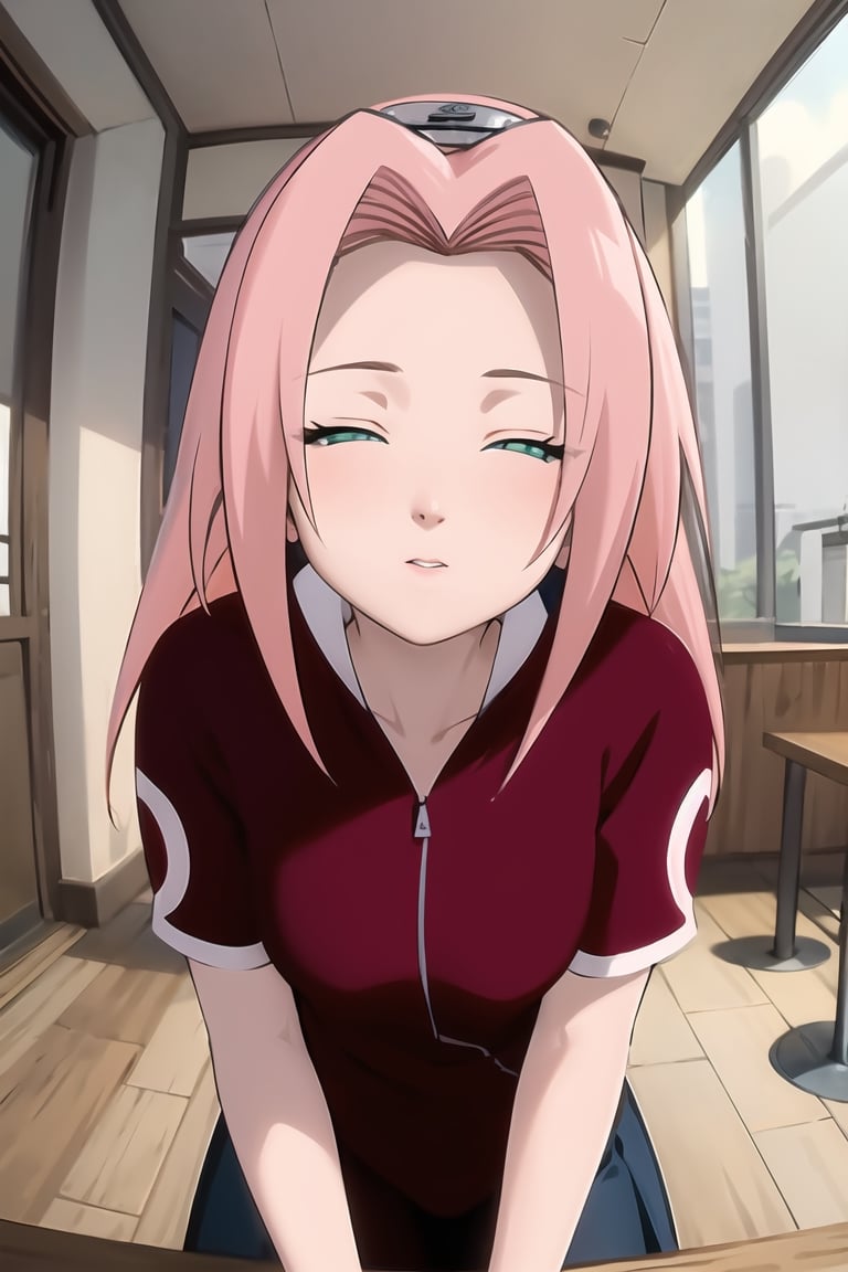 masterpiece, 1girl, (incoming_kiss), pov kiss, restaurant, close_up, short sleeves, beautiful, pink_hair, green_eyes, long_hair, perfect_eyes, indoors, cinematic lighting, haruno sakura, atmospheric, looking_at_viewer, forehead_protector, kissing_viewer, small_breasts,