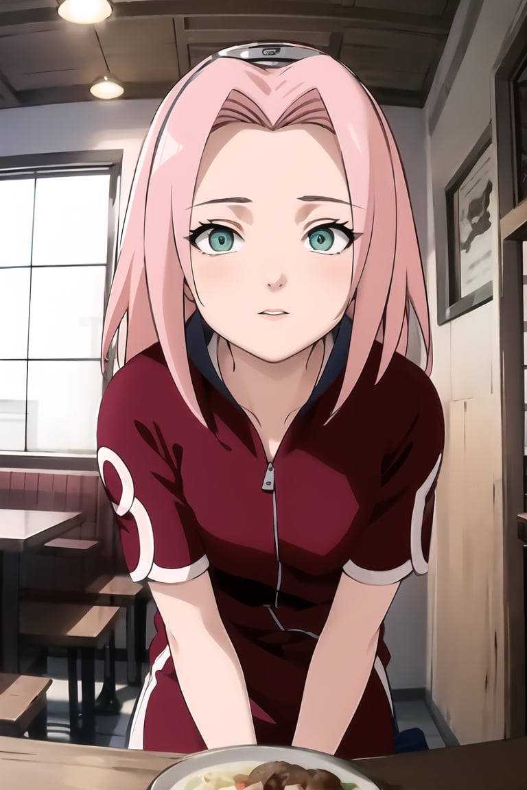 masterpiece, 1girl, (incoming_kiss), pov kiss, restaurant, close_up,  short sleeves, beautiful, pink_hair, green_eyes, long_hair, perfect_eyes, indoors, cinematic lighting, haruno sakura, atmospheric, looking_at_viewer, forehead_protector,kissing_viewer, small_breasts,