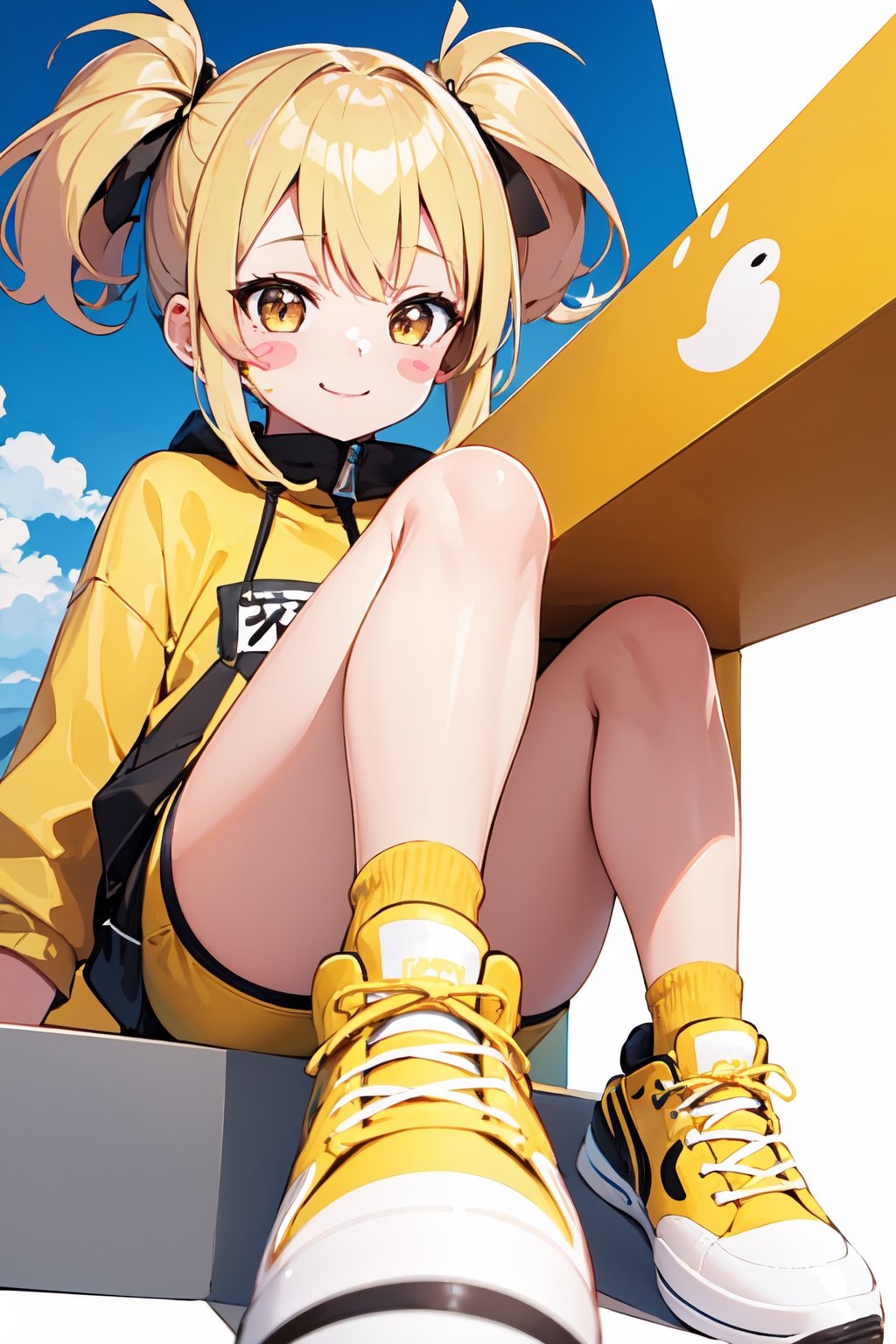 1girl, two-tone_hair blonde_hair black_hair, blonde hair, two side up, {roots_(hair)} , blush blush_stickers, striped, brown eyes, yellow clothes, brown footwear, smile, best quality, sneakers, dynamic compositon, two_side_up, solo