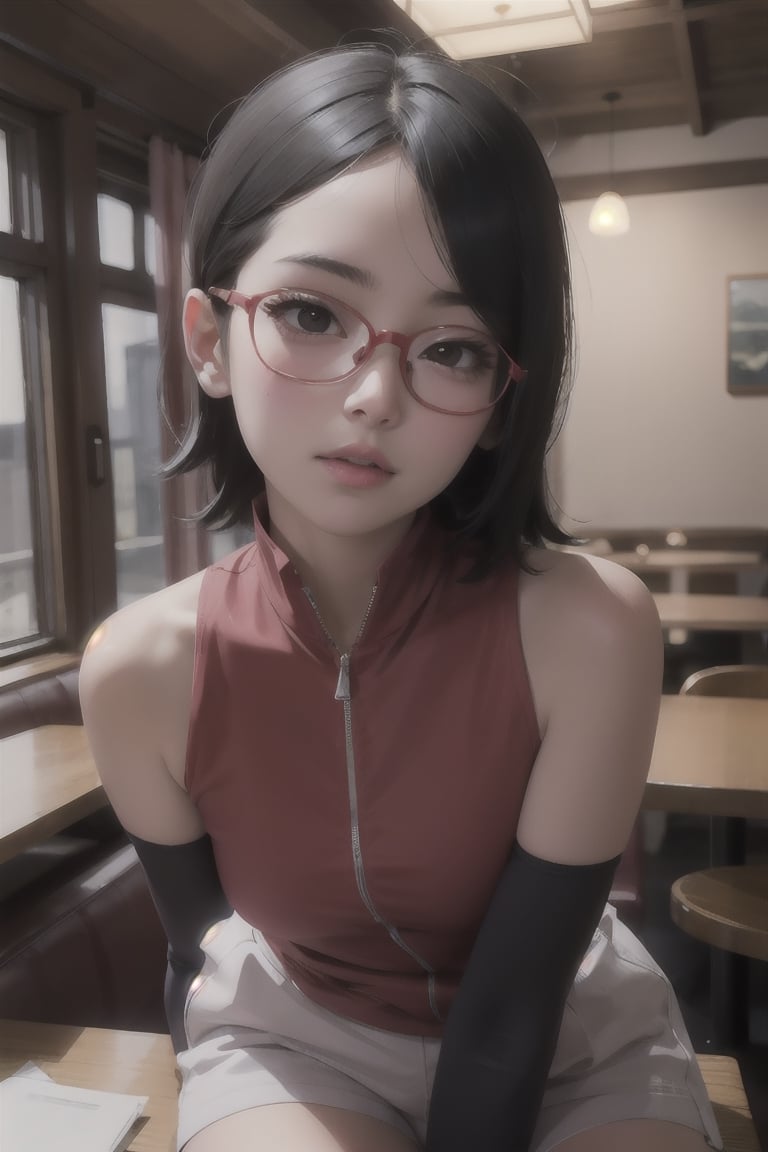 masterpiece, 1girl, (incoming_kiss), pov kiss, restaurant, close_up, Saradauchiha, beautiful, black_hair, black_eyes, short hair, perfect_eyes, indoors, cinematic lighting, bare shoulders, red-framed eyewear, atmospheric, looking_at_viewer, kissing_viewer, small_breasts, glasses, arm warmers, pov date, blush, white_shorts, black_legwear